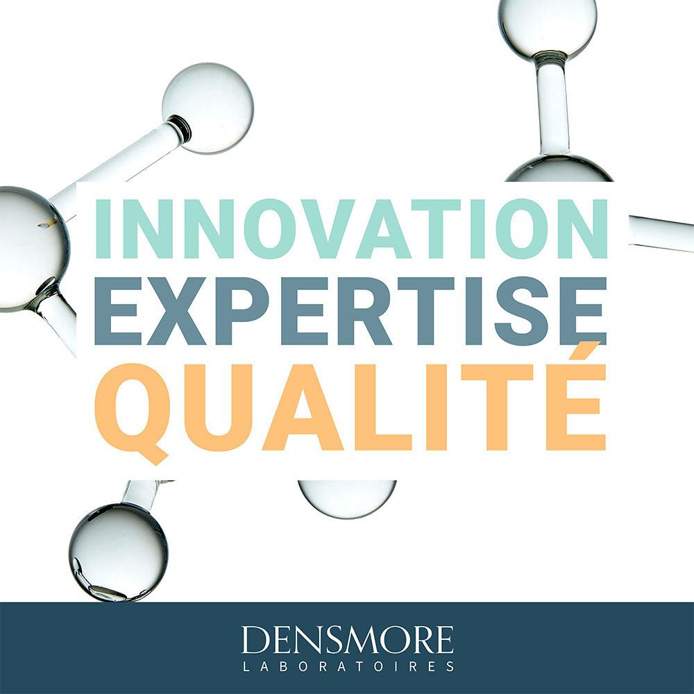 Texte : Innovation, Expertise, Qualité. Logo : Densmore Laboratoires.