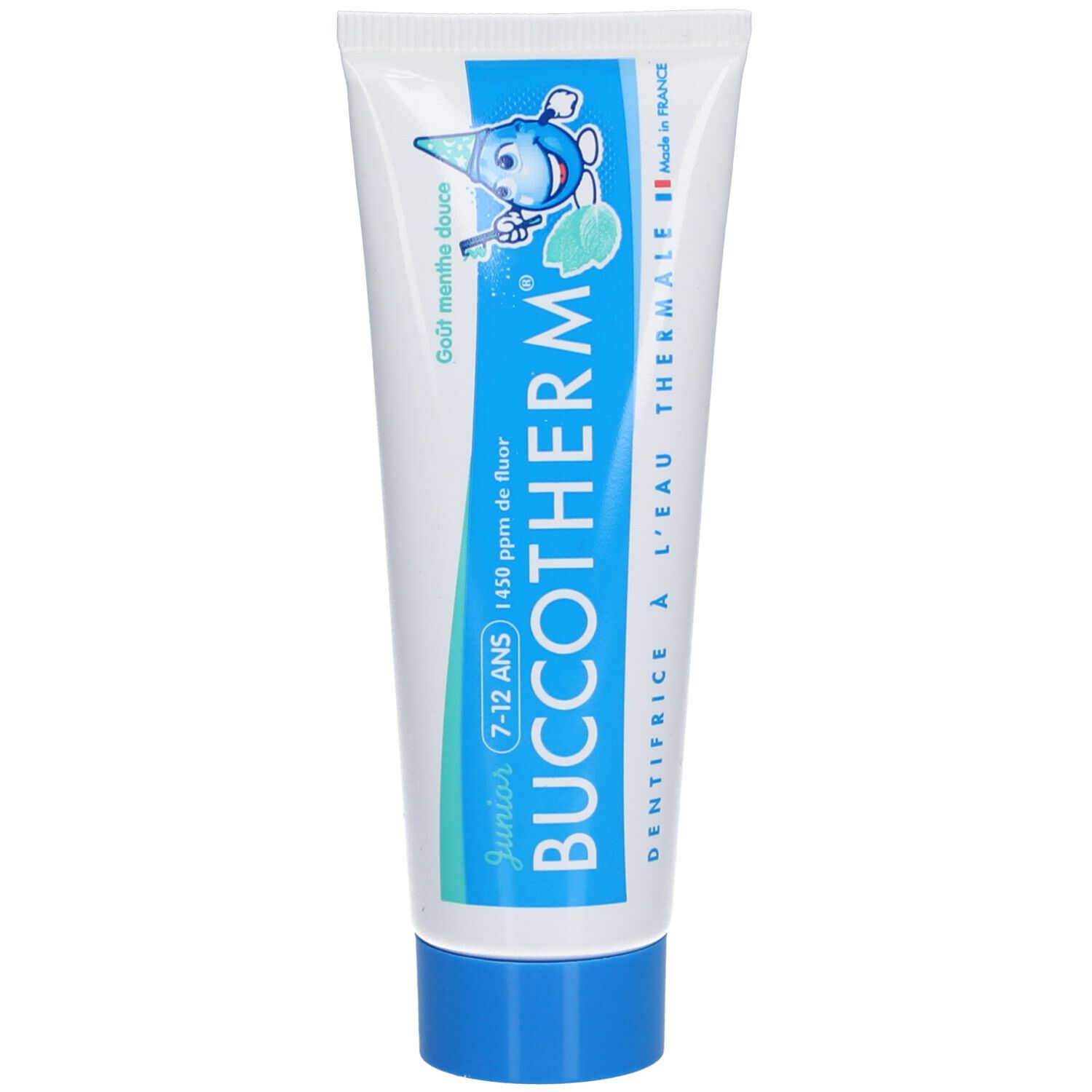 Zahncreme-Tube, weiß mit blauem Verschluss. Aufschrift: BUCCOTHERM Junior 7-12 ANS, 1450 ppm de fluor. Made in France.