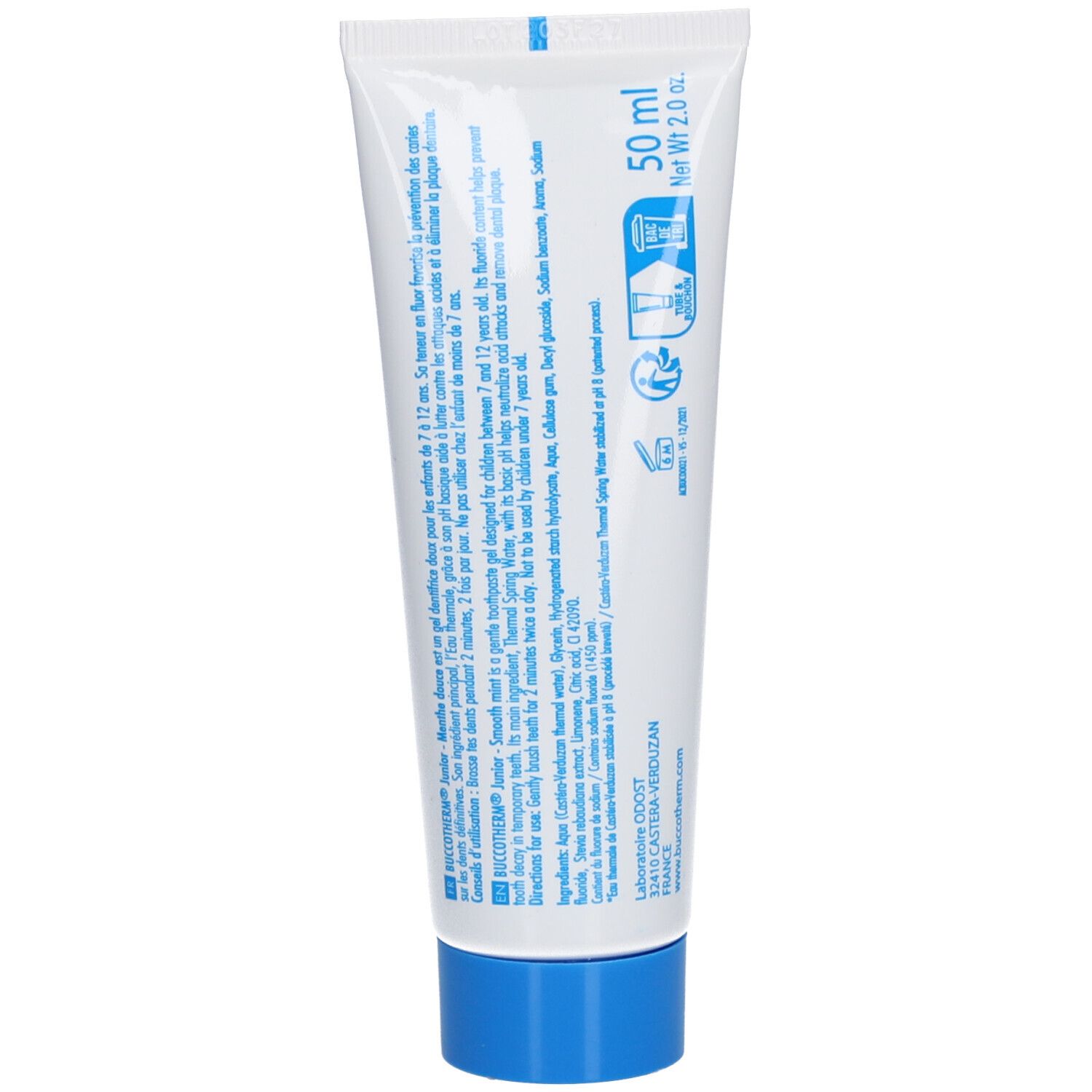 Rückseite der Zahncreme-Tube. Enthält Informationen zu Inhaltsstoffen und Anwendung. 50 ml, 2.0 fl. oz. Made in France.