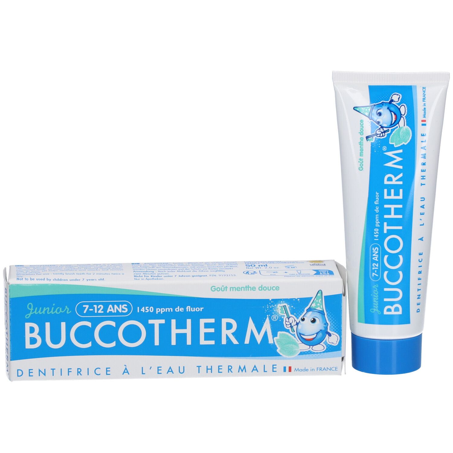 Zahncreme-Tube und Schachtel. Aufschrift: BUCCOTHERM Junior 7-12 ANS, 1450 ppm de fluor. Made in France. Schachtel mit Produktnamen.