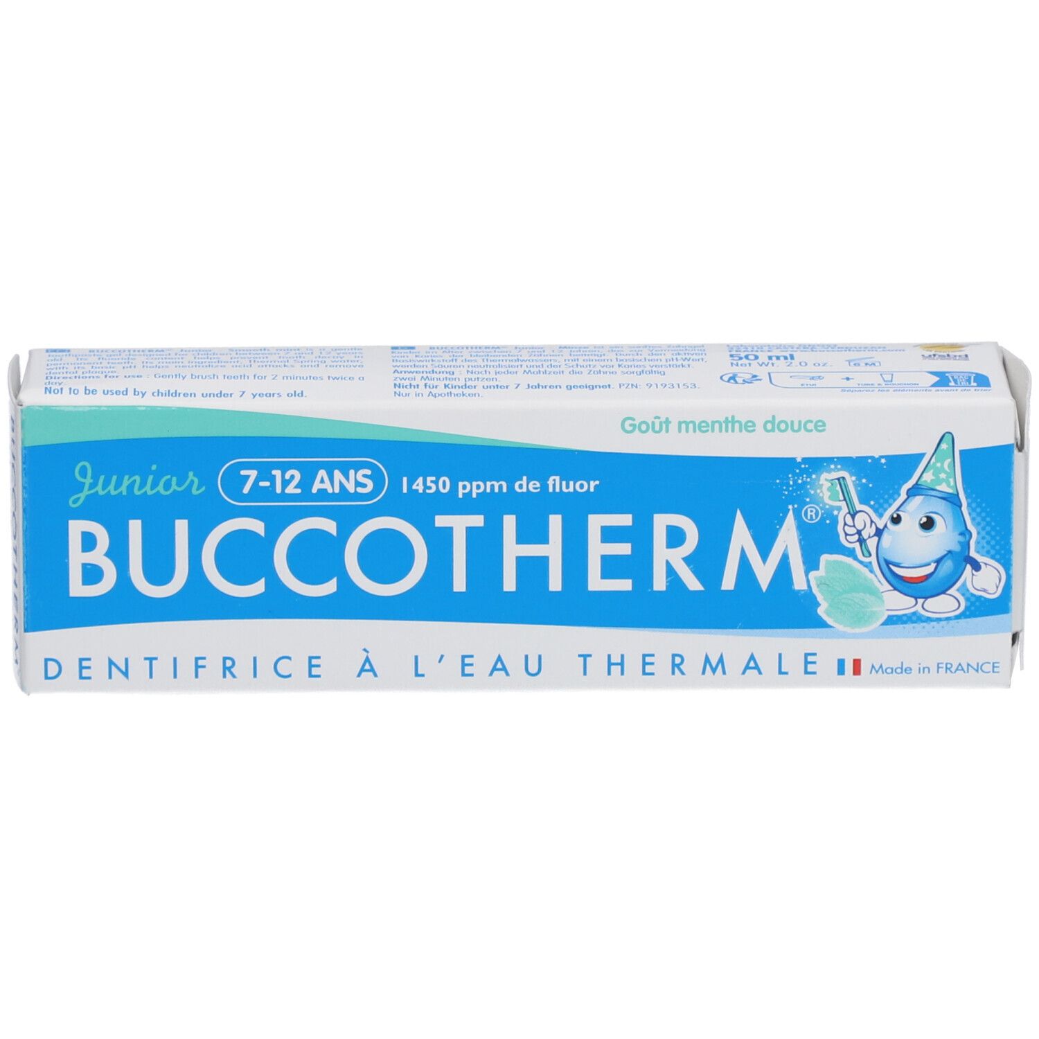 Zahncreme-Schachtel, blau-weiß. Aufschrift: BUCCOTHERM Junior 7-12 ANS, 1450 ppm de fluor. Geschmack: Minze. Made in France.