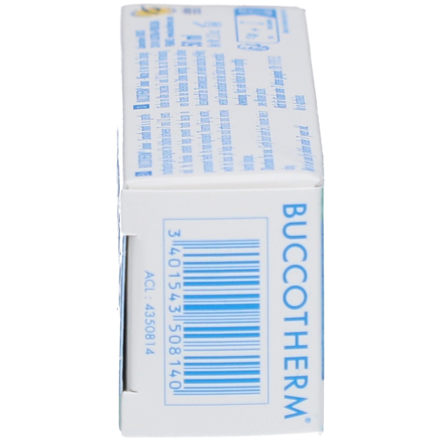 Seite der Zahncreme-Schachtel. Barcode und Produktname BUCCOTHERM. ACL: 4350814.