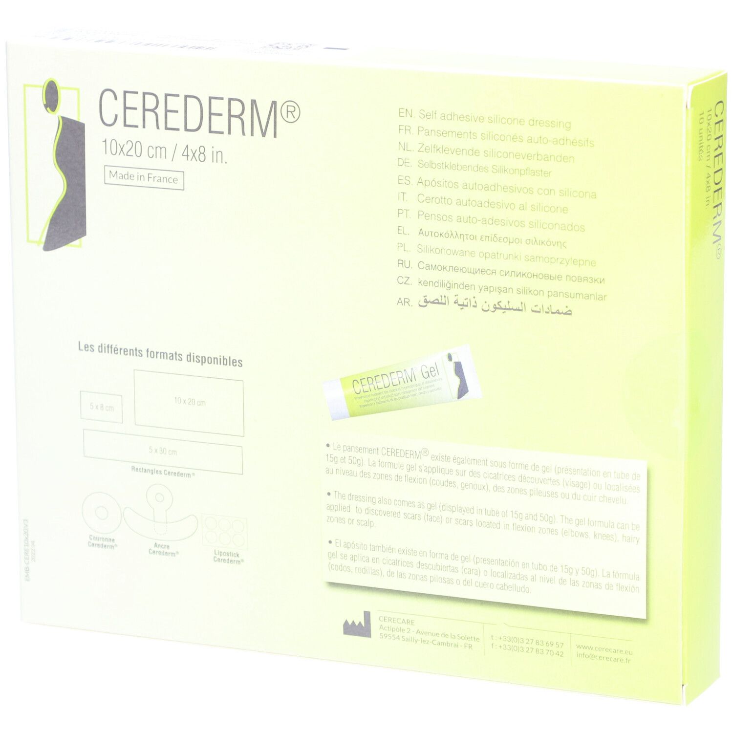 Dos de la boîte CEREDERM. Texte multilingue. Différents formats disponibles.