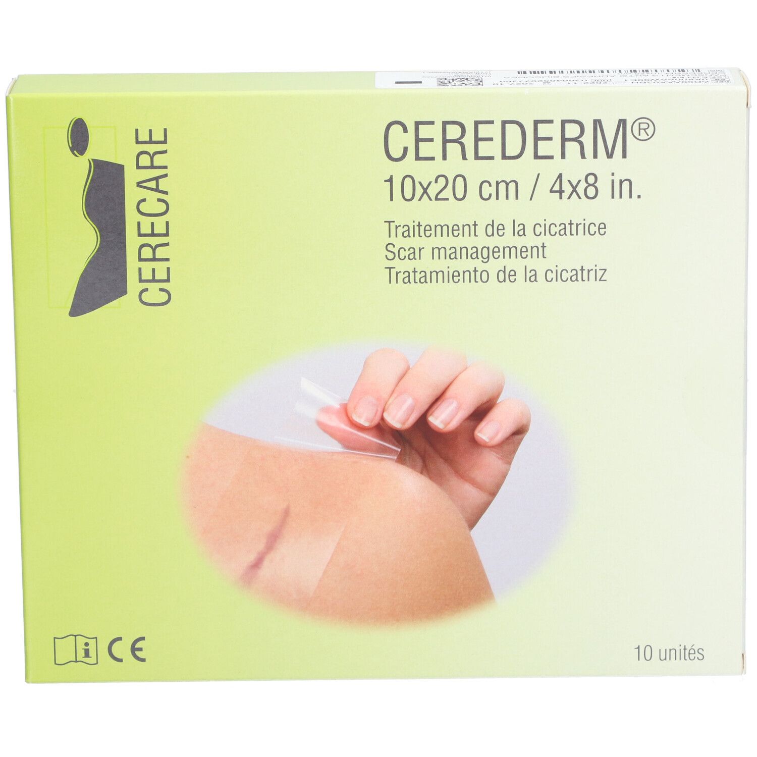Boîte CEREDERM 10x20 cm, avec application sur bras. Texte: Traitement de la cicatrice.