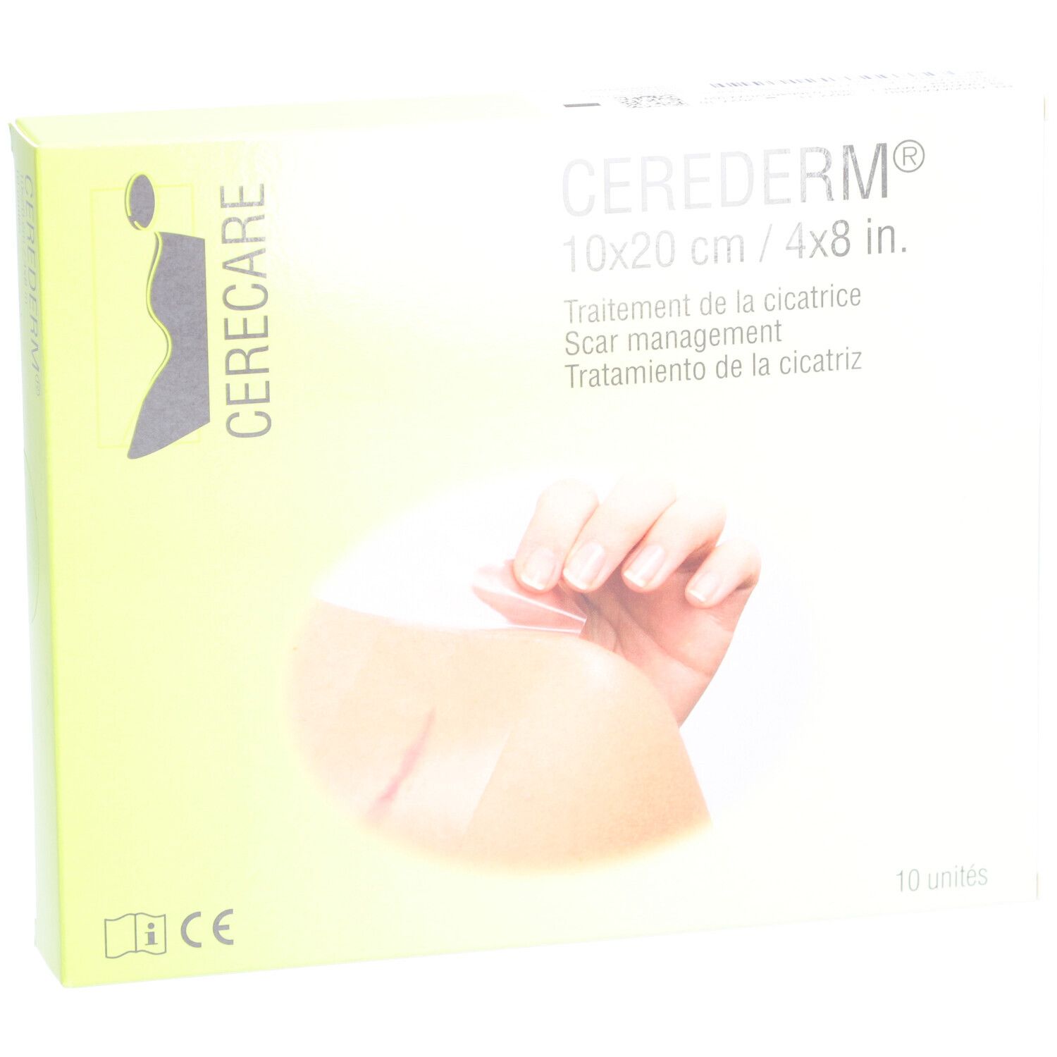 Boîte CEREDERM 10x20 cm, avec application sur bras. Texte: Traitement de la cicatrice.
