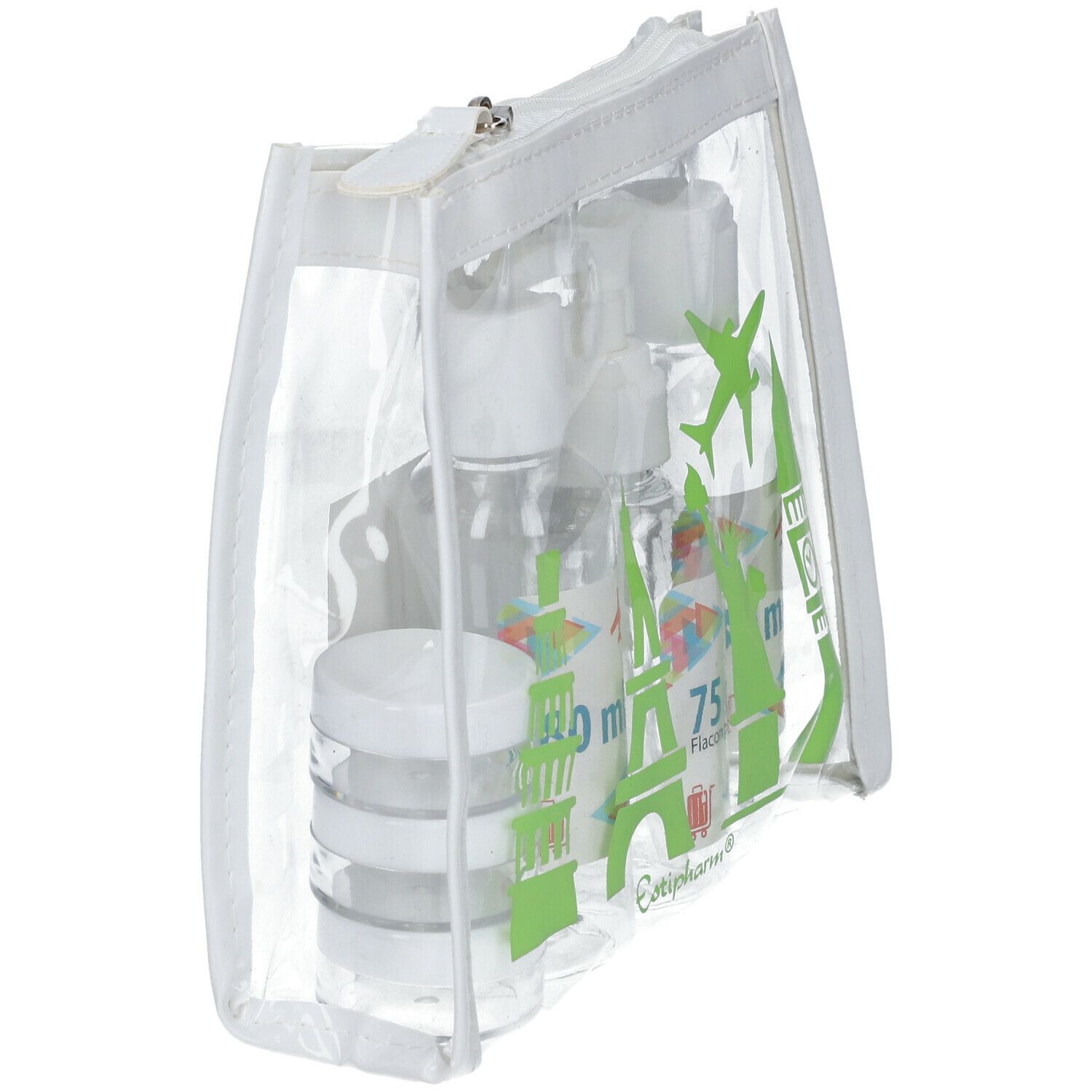 Trousse transparente avec flacons de voyage. Illustrations vertes de monuments. Logo Estipharm.