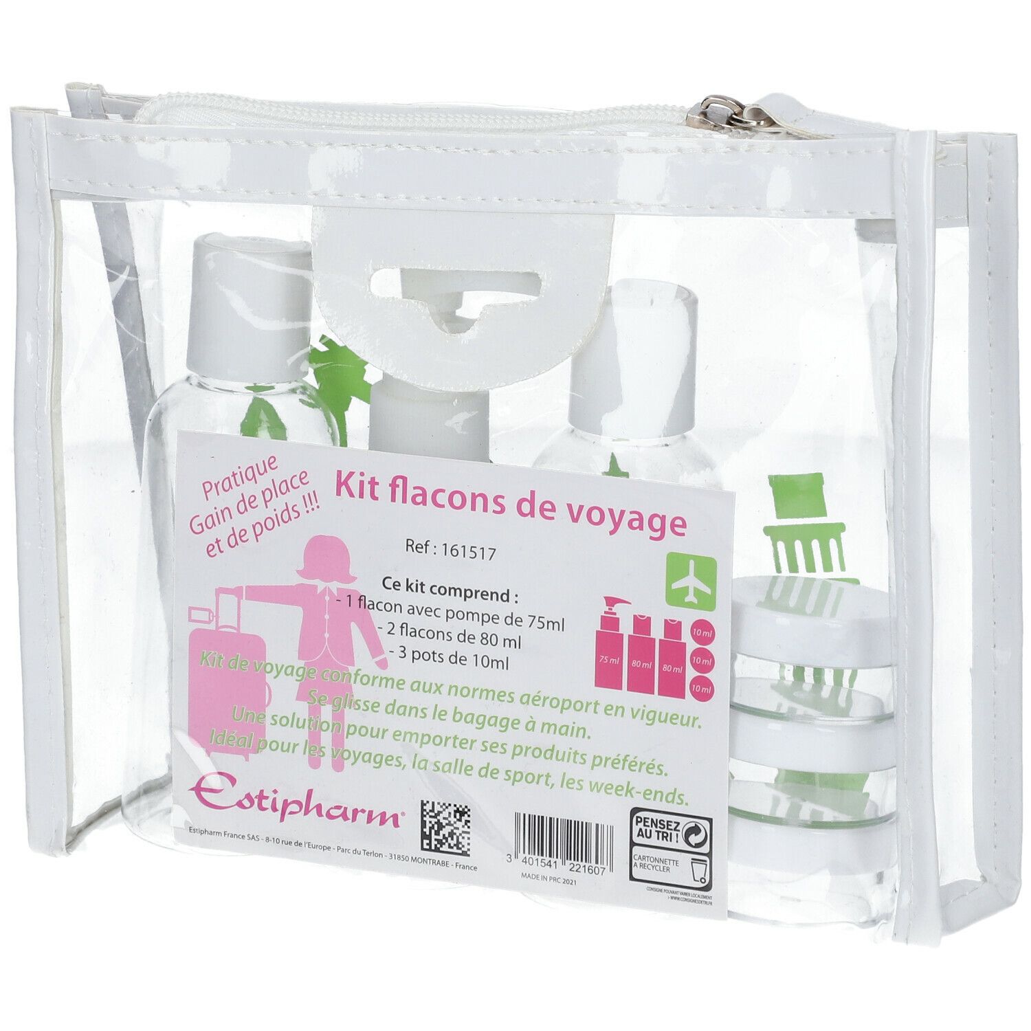 Trousse transparente avec flacons de voyage. Étiquette produit avec texte. Logo Estipharm.