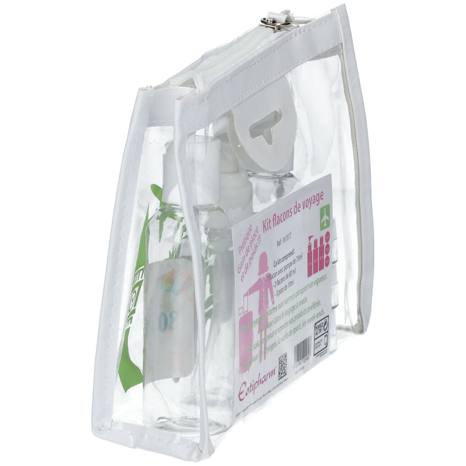 Trousse transparente avec flacons de voyage. Étiquette produit avec texte. Logo Estipharm.