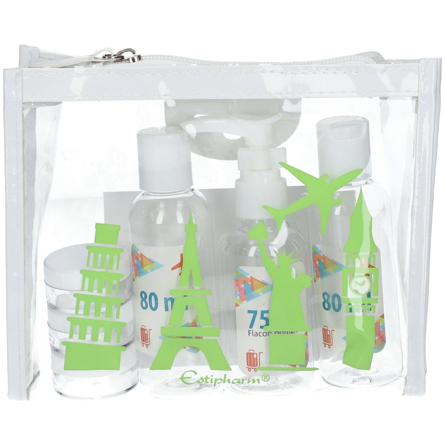 Trousse transparente avec flacons de voyage. Illustrations vertes de monuments. Logo Estipharm.