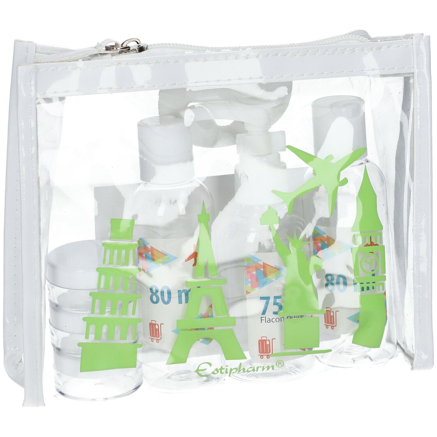 Trousse transparente avec flacons de voyage. Illustrations vertes de monuments. Logo Estipharm.