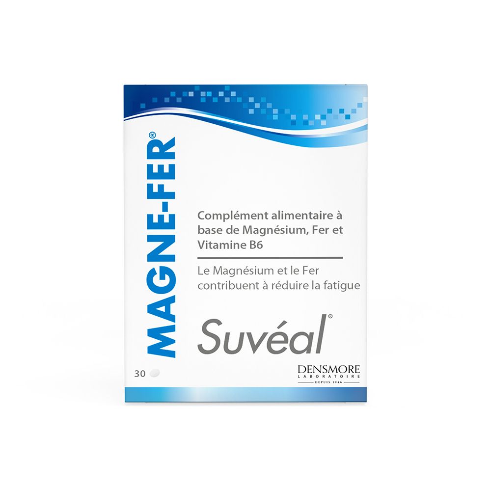 Schachtel mit Nahrungsergänzungsmittel. Aufschrift: MAGNE-FER, Suvéal. Enthält Magnesium, Eisen und Vitamin B6.