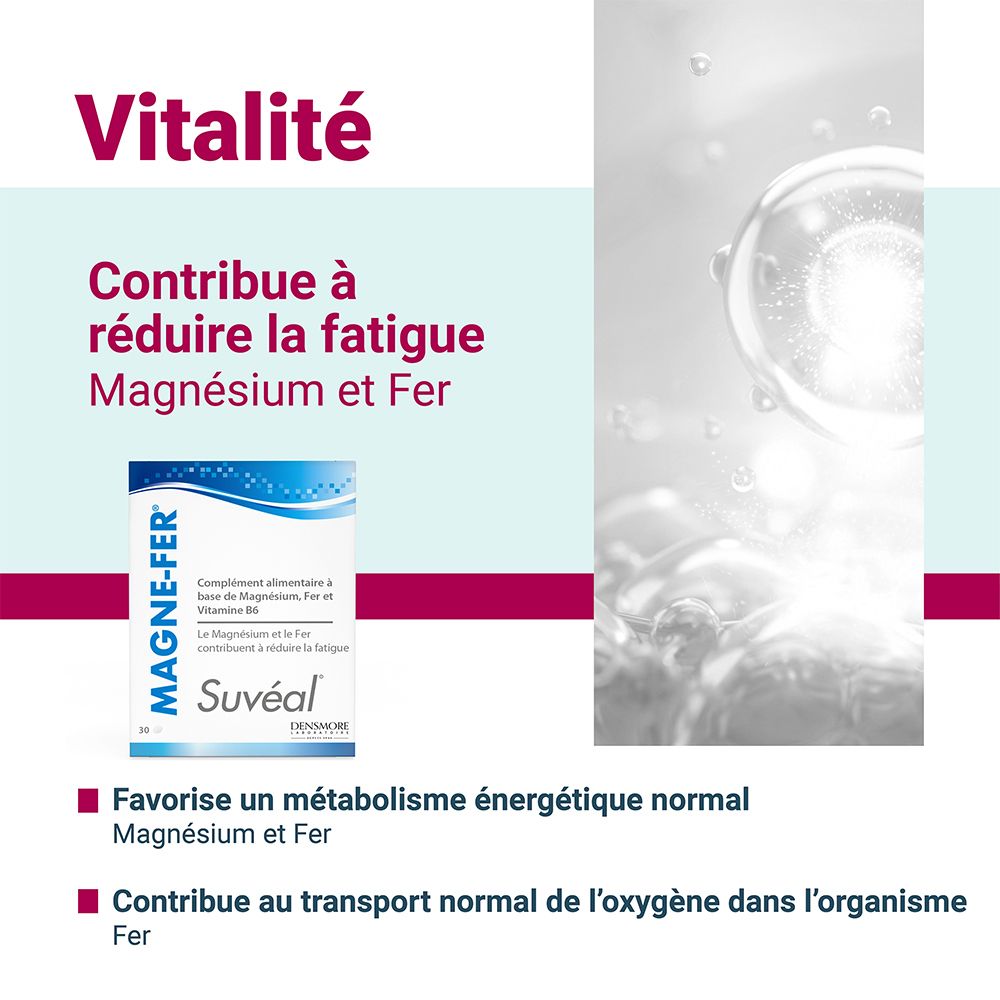 Grafik mit Text. Thema: Vitalität. Zeigt eine Packung Suvéal Magne-Fer und Text über Magnesium und Eisen.