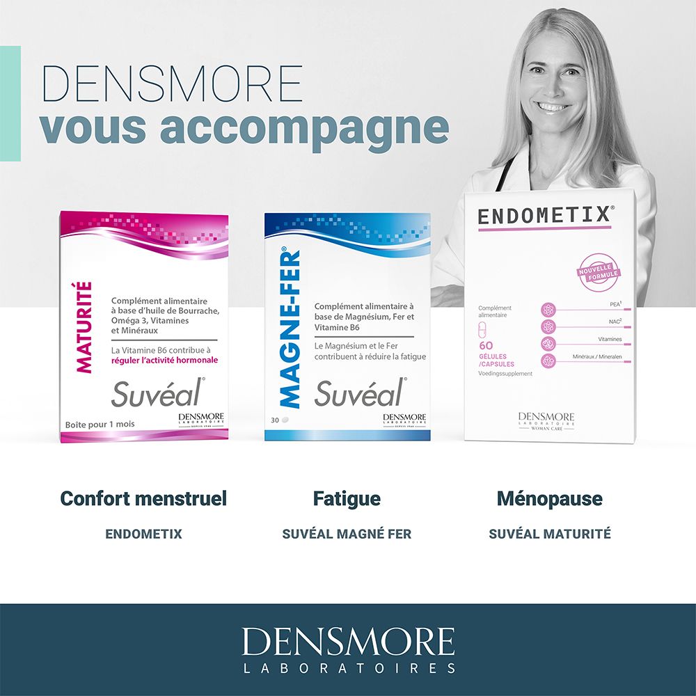 Drei Produktverpackungen. Suvéal Magne-Fer, Endometix und Suvéal Maturité. Frau im Hintergrund.