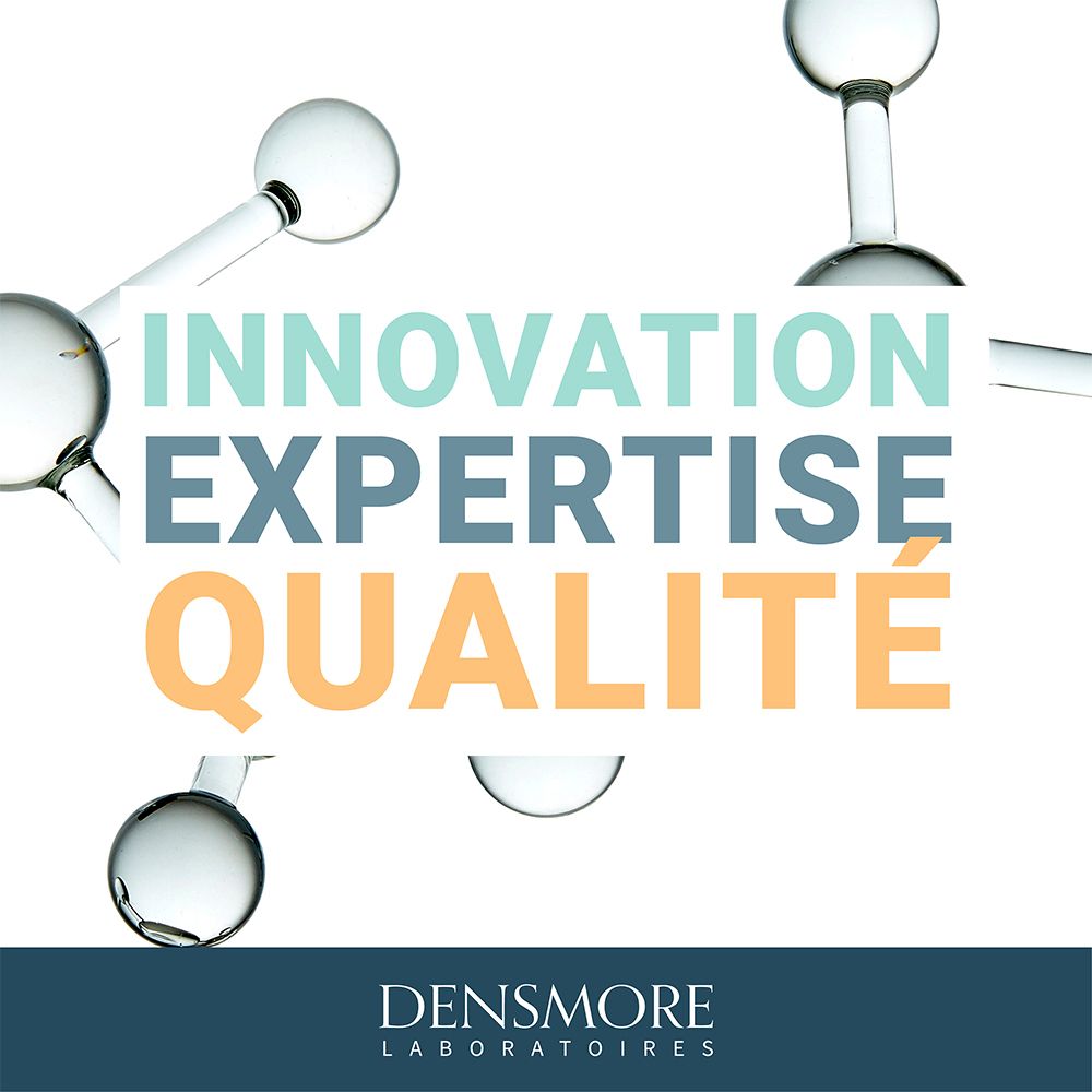 Grafik mit Text. Wörter: INNOVATION, EXPERTISE, QUALITÄT. Hintergrund mit Molekülstrukturen.