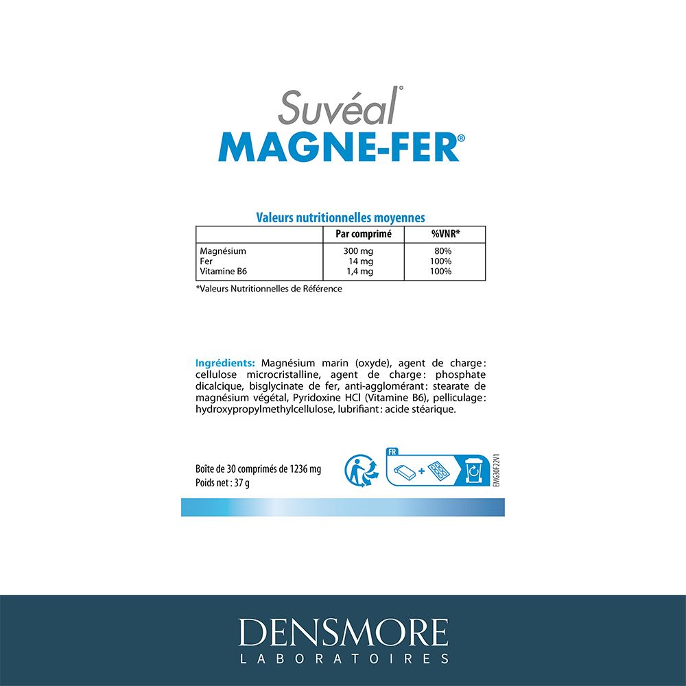 Rückseite der Packung Suvéal Magne-Fer. Enthält Nährwertangaben und Inhaltsstoffe. Text in Französisch.