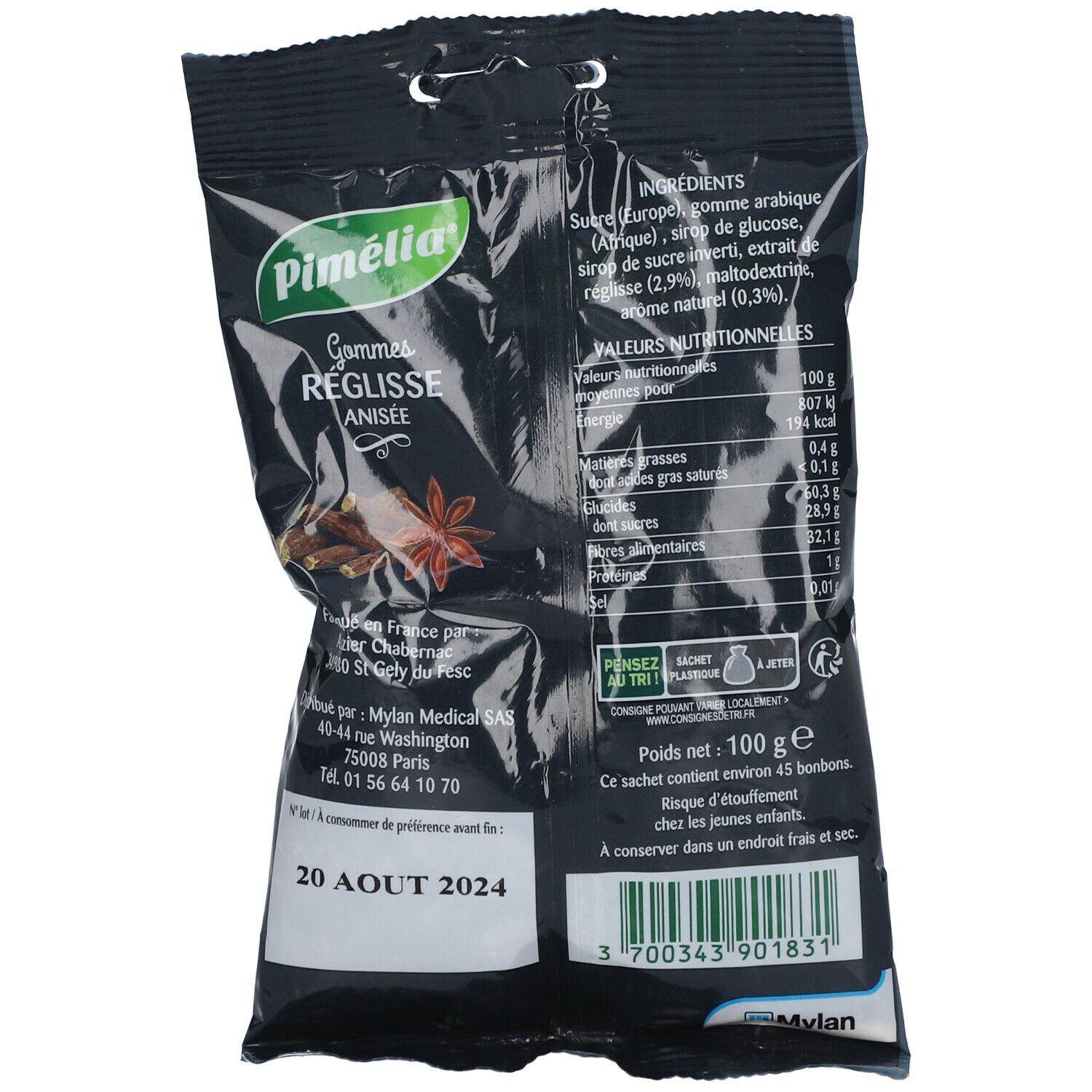 Dos du sachet "Pimélia Gommes Réglisse Anisée". Texte avec ingrédients et informations nutritionnelles.