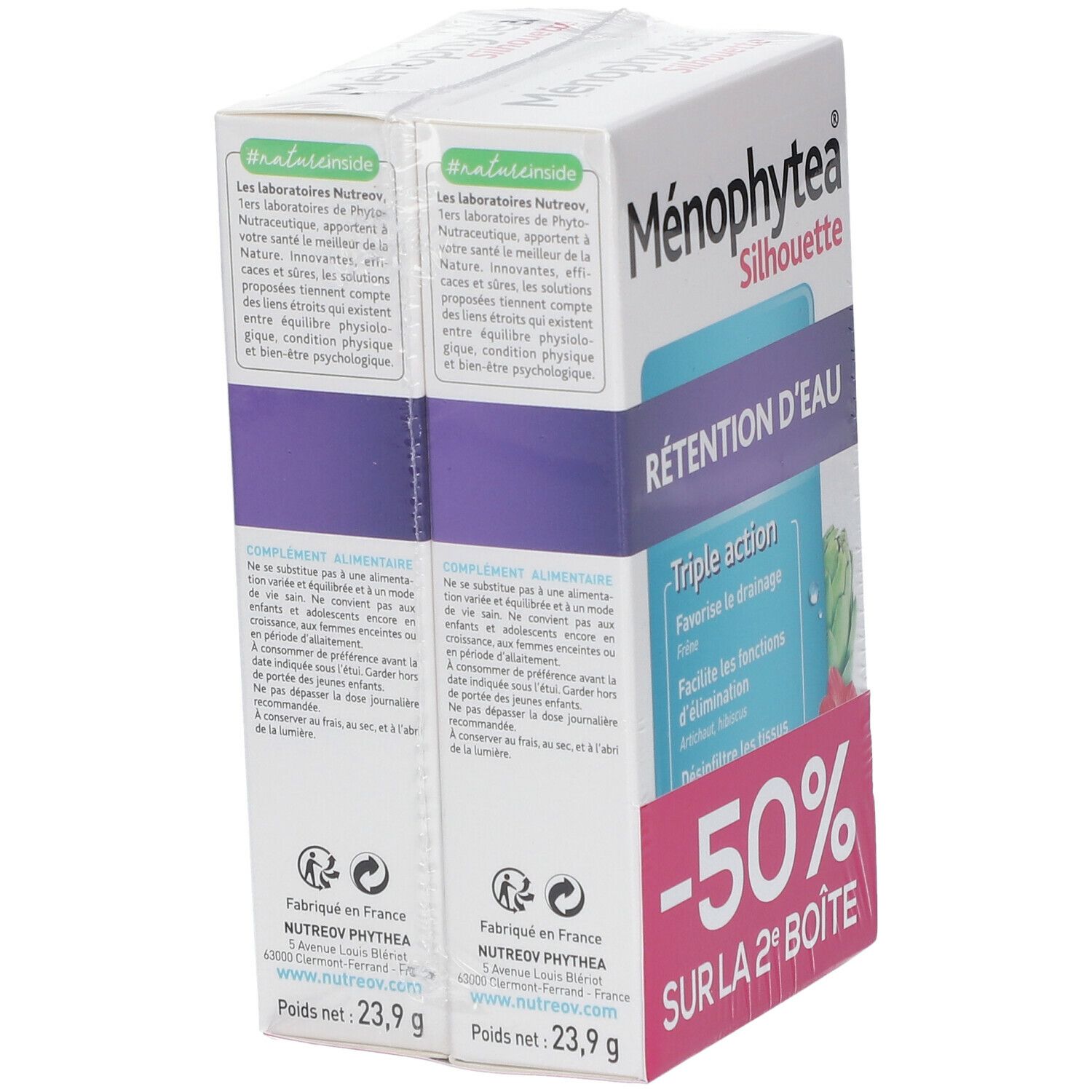 Deux boîtes de Ménophytea Silhouette Rétention d'Eau. Cartons blancs avec informations et détails du produit. Poids net: 23,9 g.