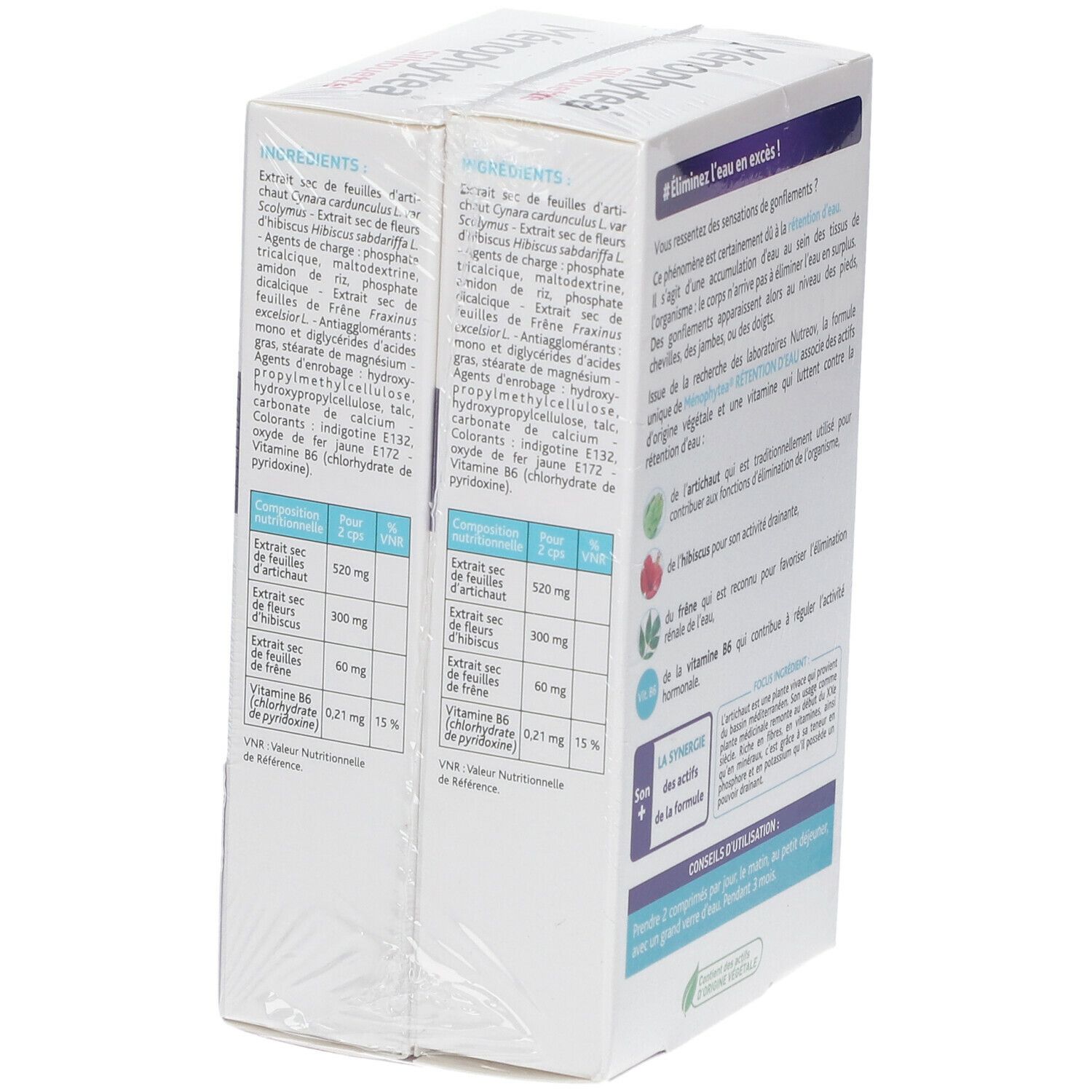Deux boîtes Ménophytea Silhouette Rétention d'Eau. Cartons blancs avec informations produit et ingrédients. Vue arrière.