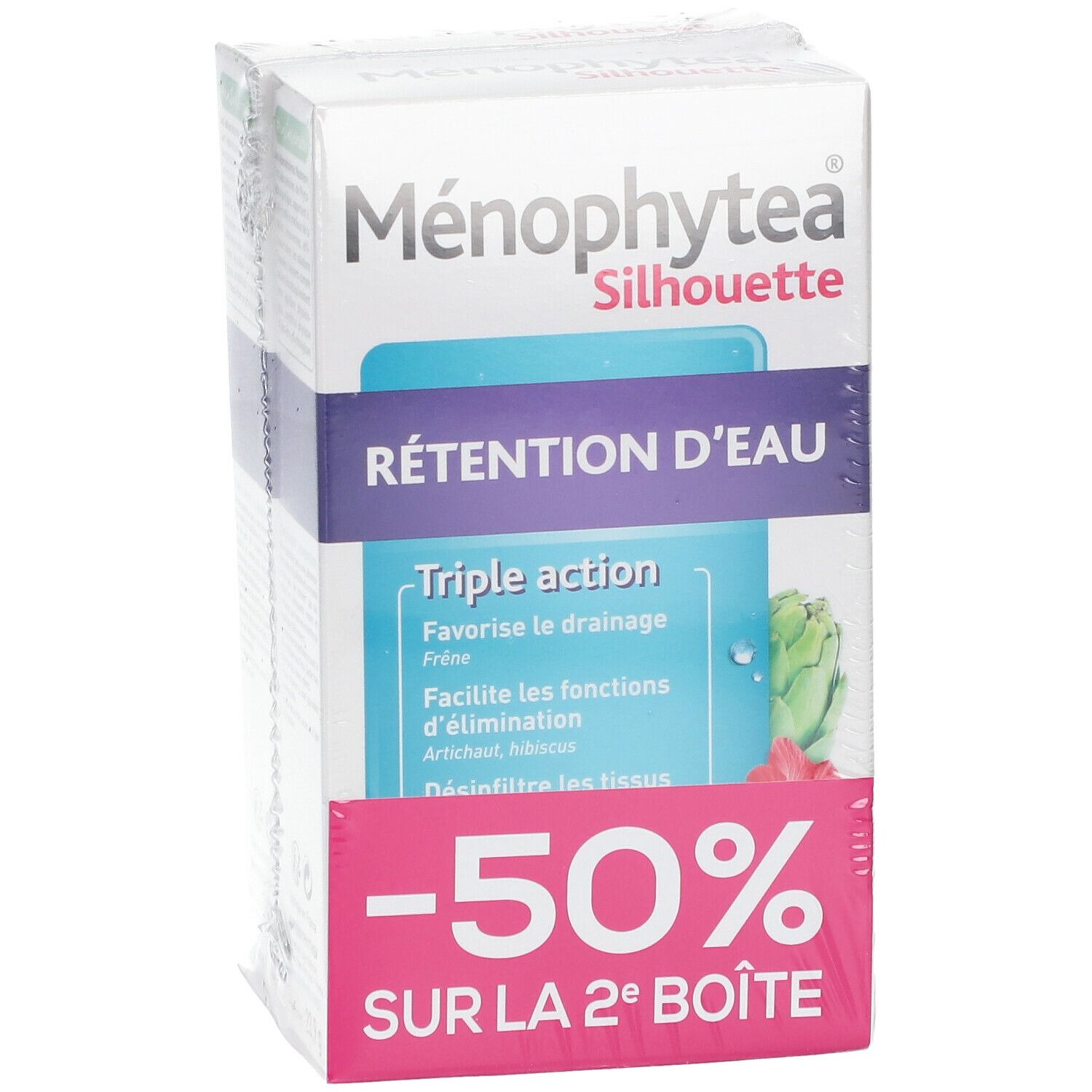 Boîte de Ménophytea Silhouette Rétention d'Eau. Carton blanc avec nom et détails du produit. -50% sur la 2e boîte.