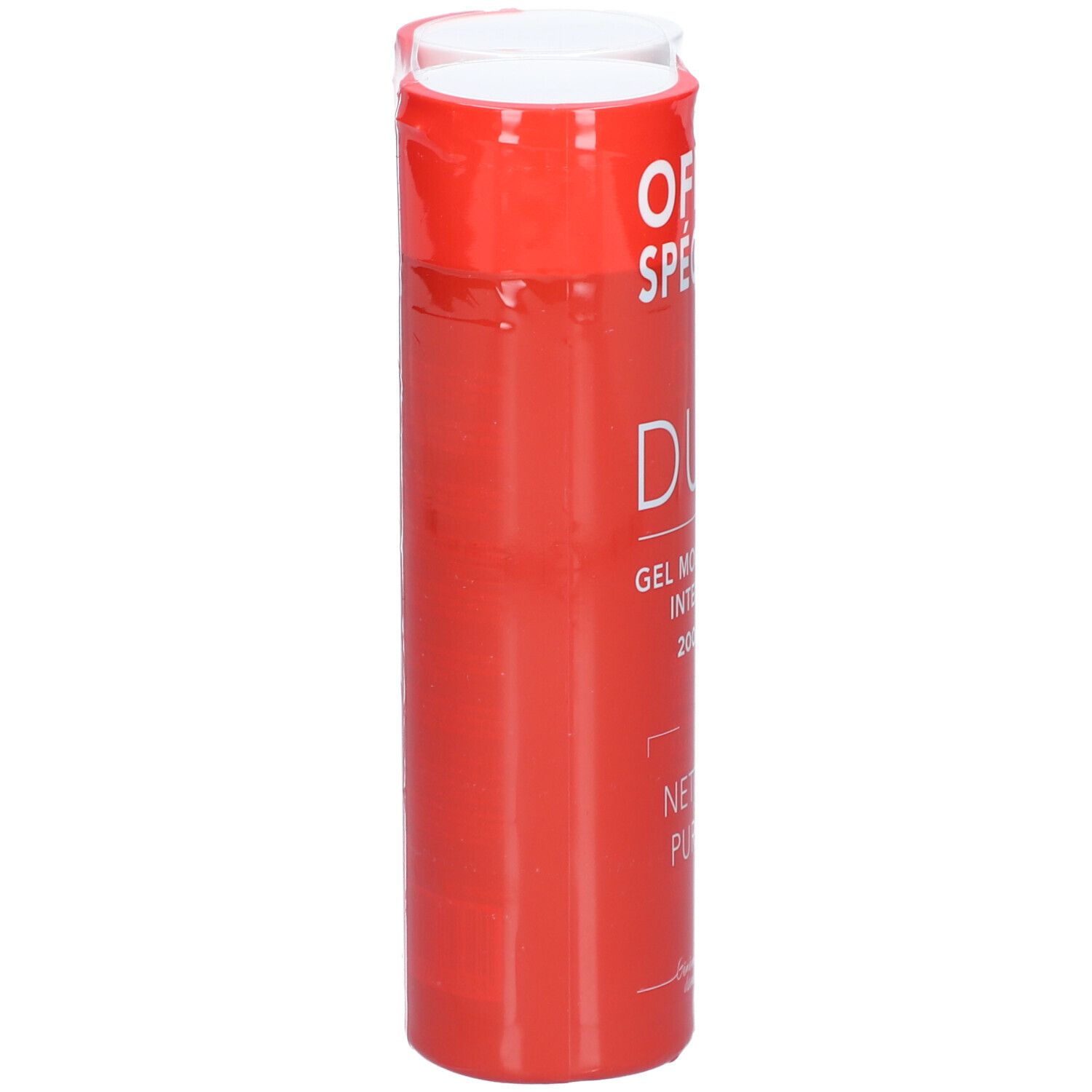 Rote Duo-Verpackung. Aufschrift: OFFRE SPÉCIALE, DUO, GEL MOUSSANT INTENSIF, 200 ML, NETTOIE PURIFIE.