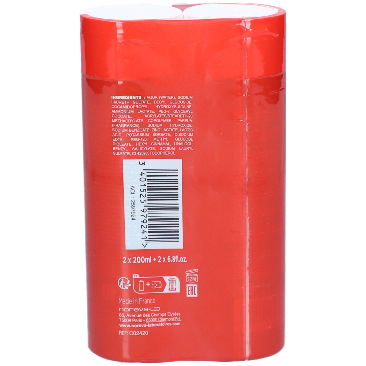 Rückseite der Duo-Verpackung. Zutatenliste, Barcode, Herstellerinformationen und Logos.