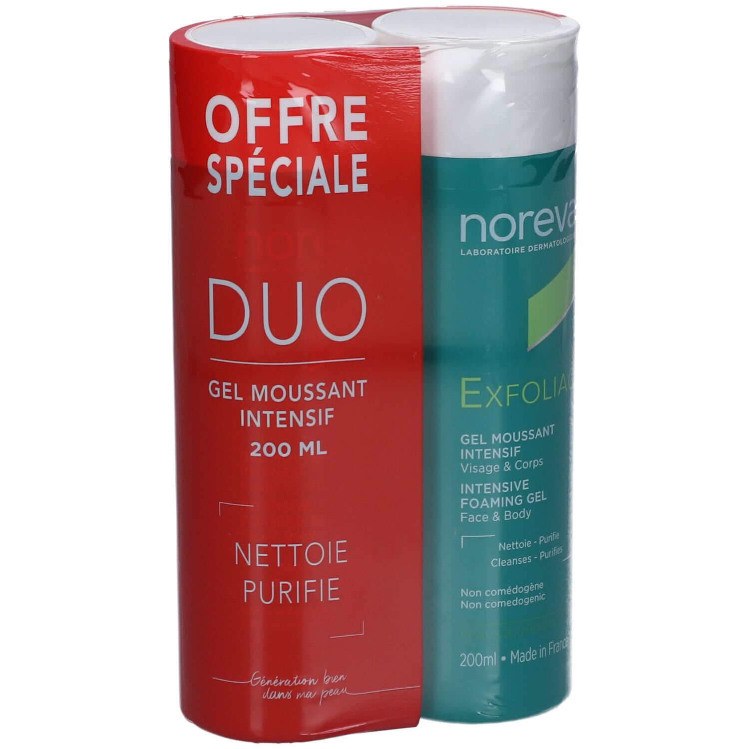 NOREVA Exfoliac Gel moussant intensif Duo-Pack. Rote Verpackung mit Produkt und Produktinformationen.