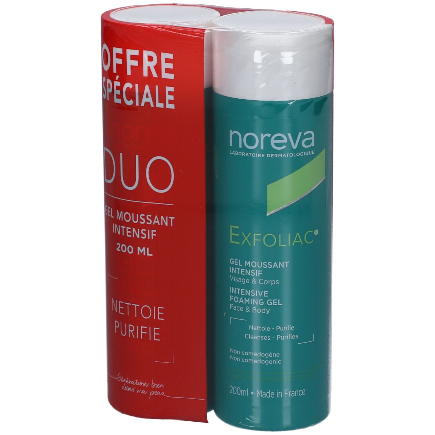 NOREVA Exfoliac Gel moussant intensif Duo-Pack. Rote Verpackung mit Produkt und Produktinformationen.