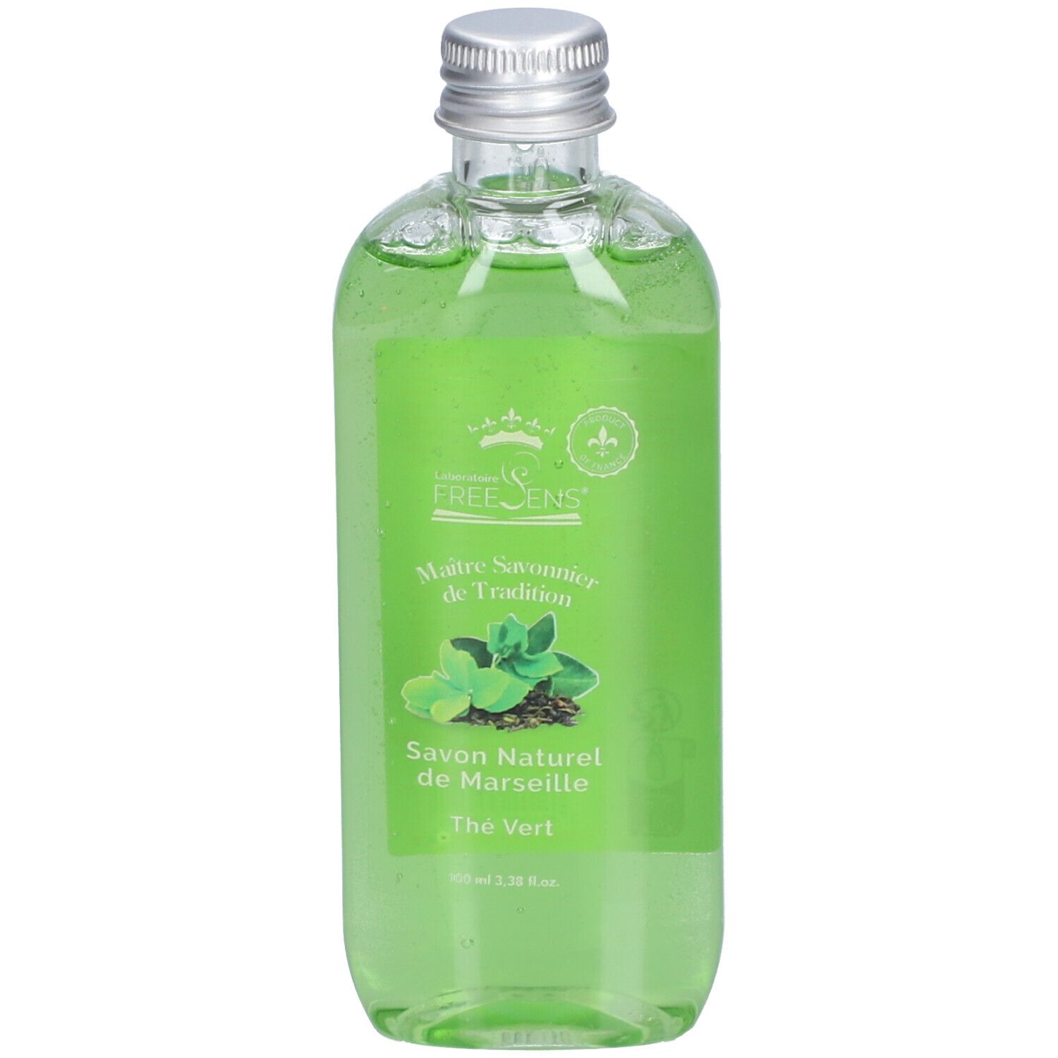Grüne Flüssigseife in einer transparenten Flasche mit silbernem Verschluss. Aufschrift: Freesens, Savon Naturel de Marseille, Thé Vert.