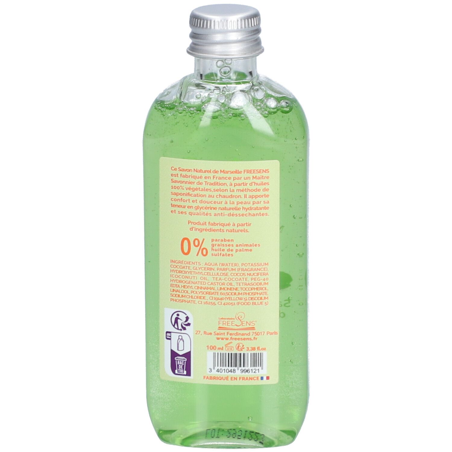 Rückseite einer grünen Flüssigseifenflasche. Text: Freesens, Savon Naturel de Marseille. 0% tierische Fette. Inhaltsstoffe. Hergestellt in Frankreich.