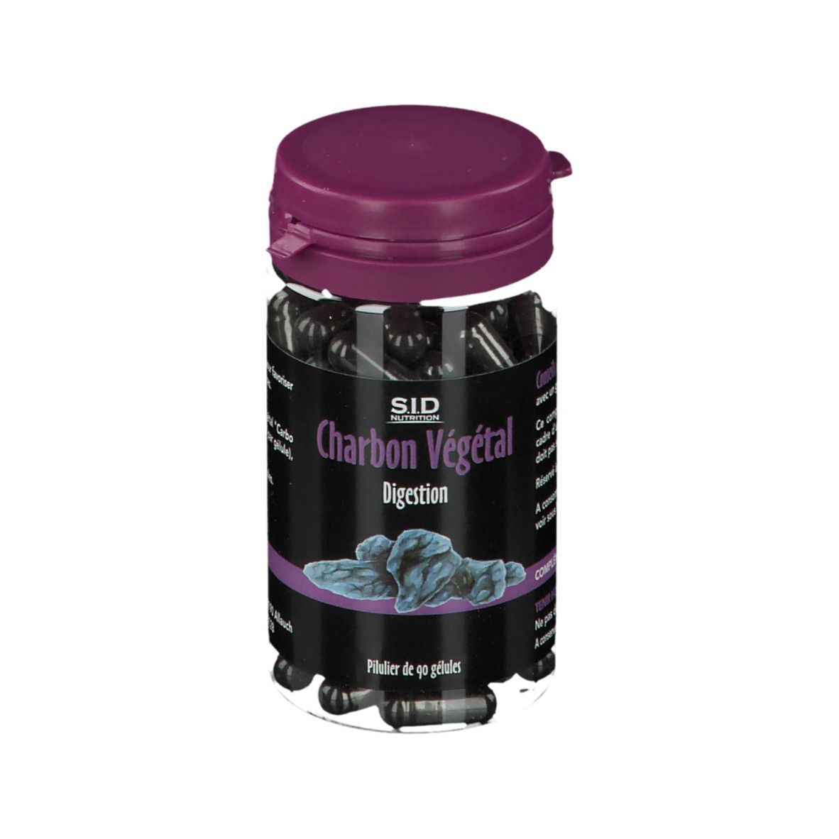Flacon transparent de gélules Charbon Végétal Digestion, bouchon violet. Marque SID Nutrition. 90 gélules.