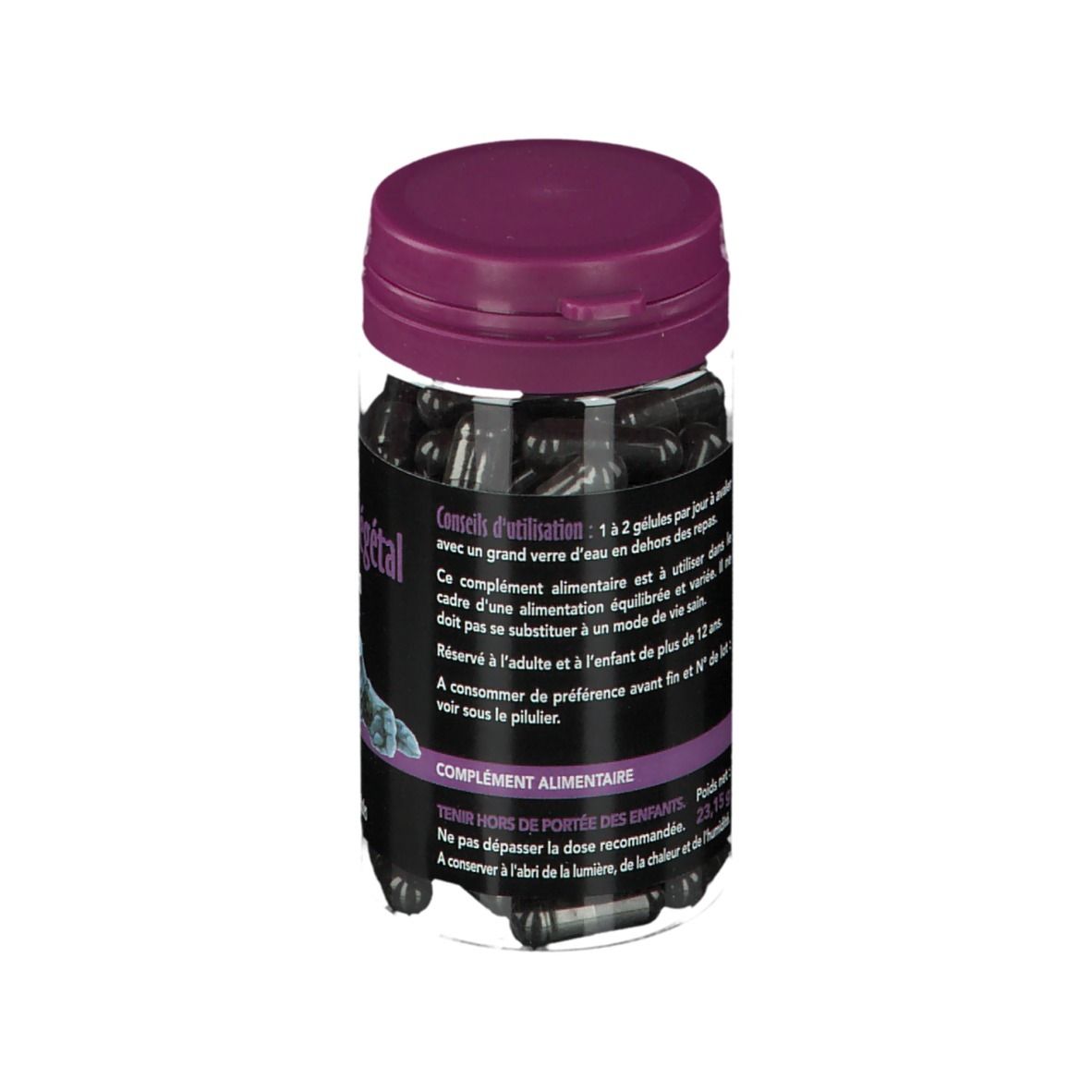 Dos du flacon de gélules. Bouchon violet. Texte: Conseils d'utilisation. SID Nutrition. Complément alimentaire.