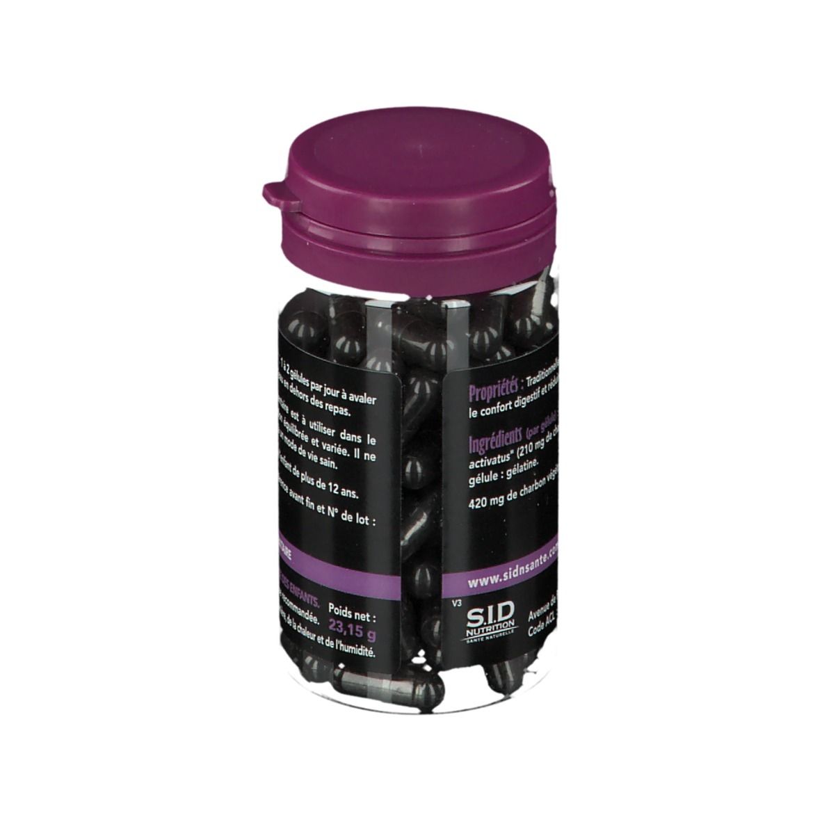 Flacon de gélules, bouchon violet. Texte: Propriétés, Ingrédients, Poids net 23,19 g. SID Nutrition.