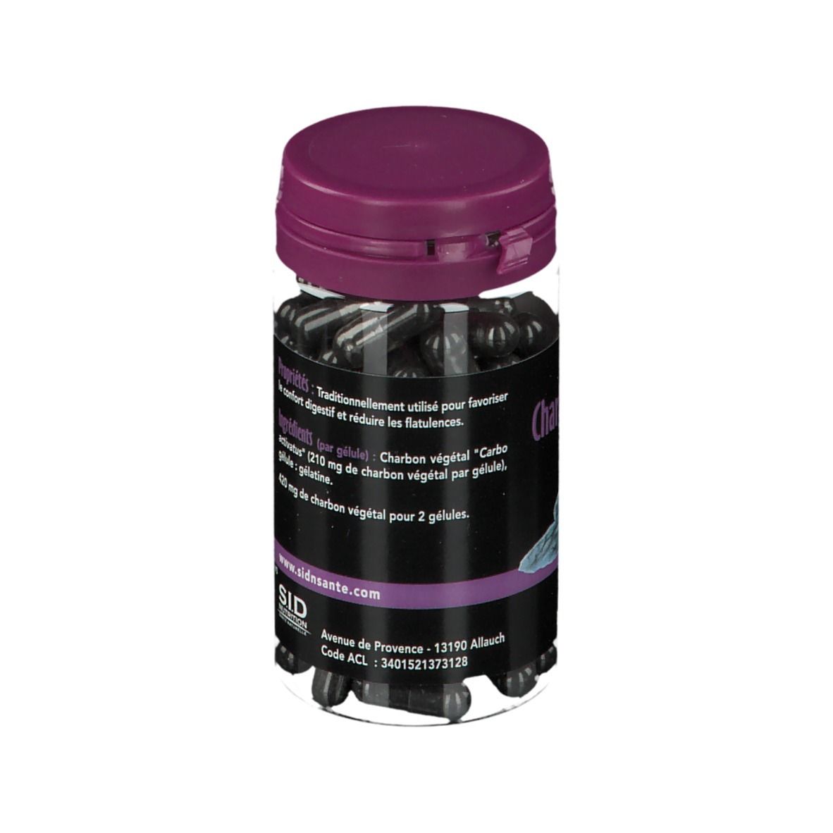 Flacon de gélules, bouchon violet. Texte: Ingrédients, SID Nutrition, Adresse. Charbon Végétal Digestion.