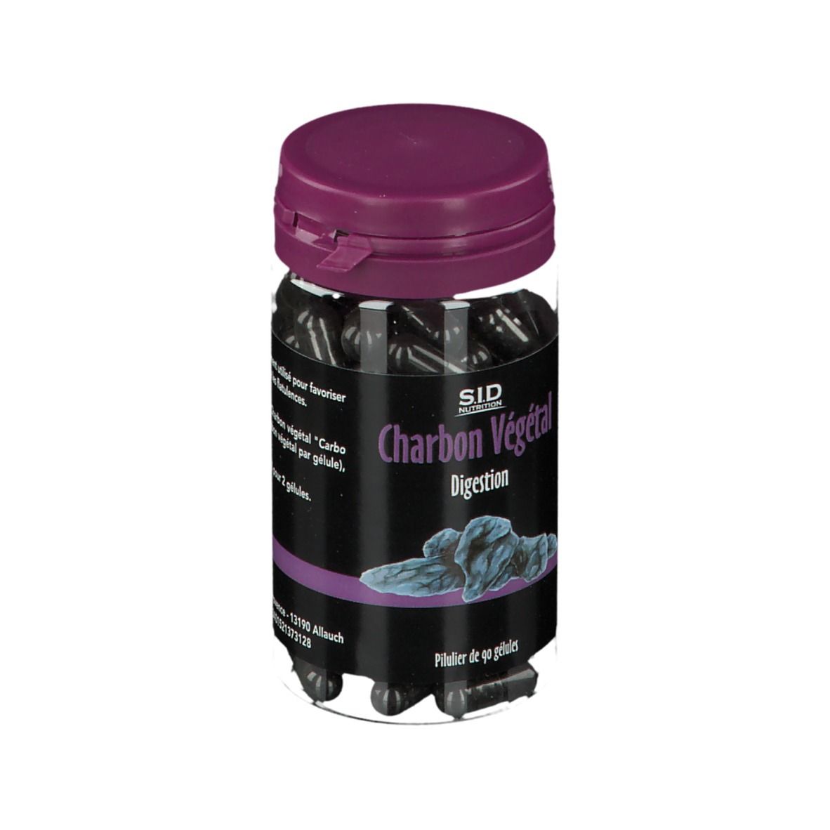 Flacon de gélules, bouchon violet. Texte: Charbon Végétal Digestion. SID Nutrition. 90 gélules.