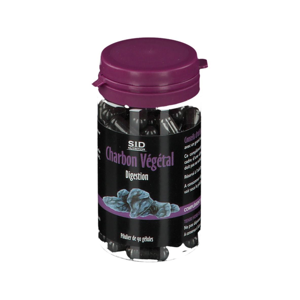 Flacon de gélules, bouchon violet. Texte: Charbon Végétal Digestion. SID Nutrition. 90 gélules.
