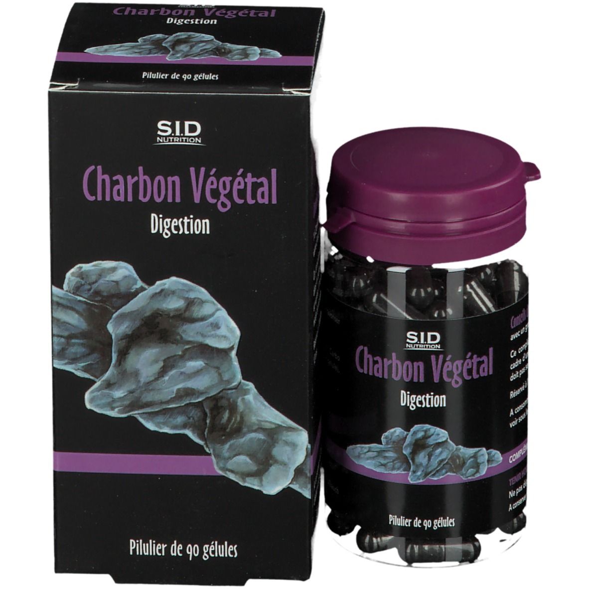 Flacon et boîte de gélules. Texte: Charbon Végétal Digestion. SID Nutrition. 90 gélules.
