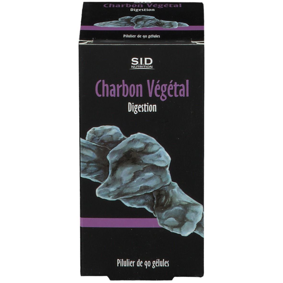 Boîte de gélules. Texte: Charbon Végétal Digestion. SID Nutrition. 90 gélules.