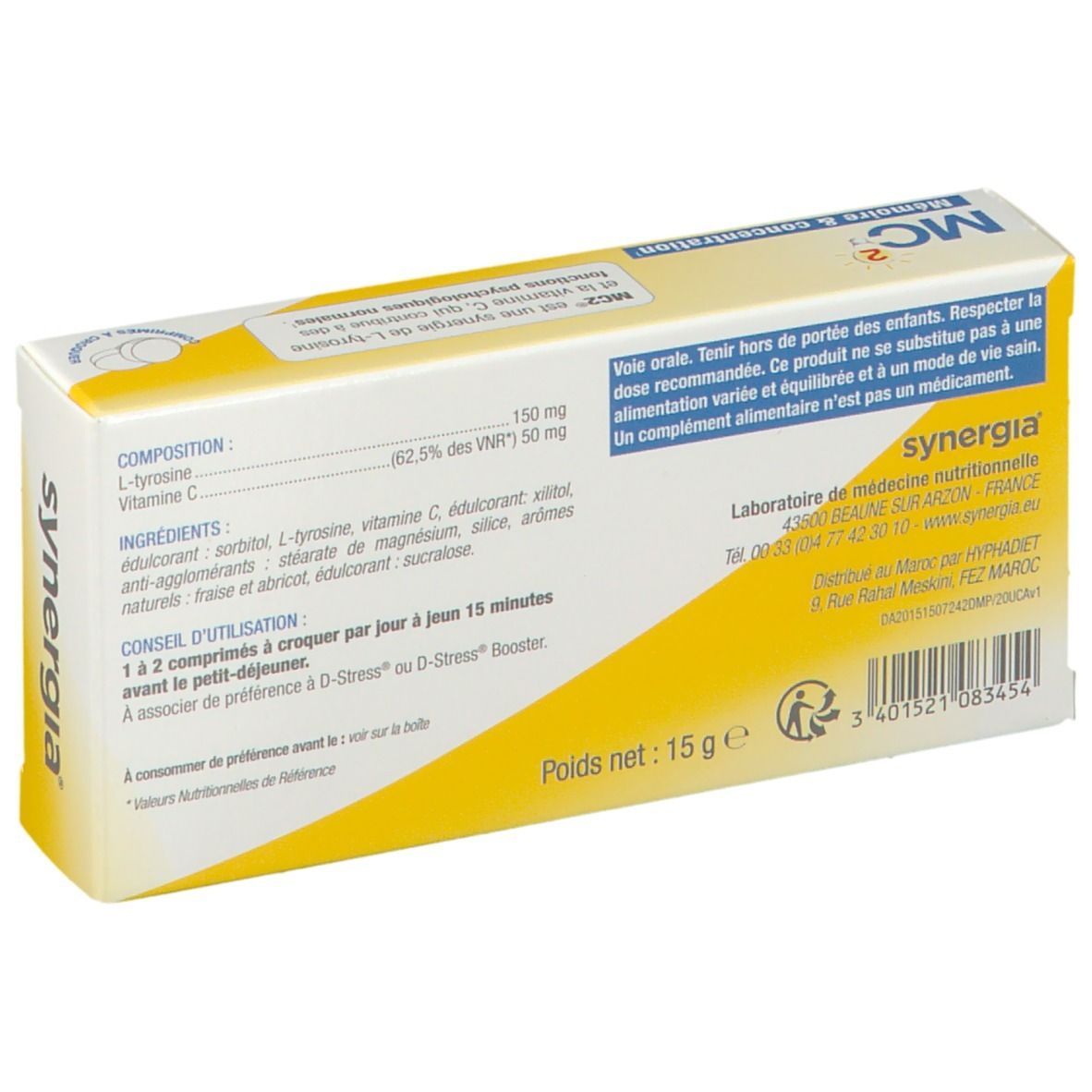 Dos de la boîte Synergia® MC2. Jaune. Inscriptions : Composition, conseils d'utilisation, Laboratoire de médicine nutritionnelle.