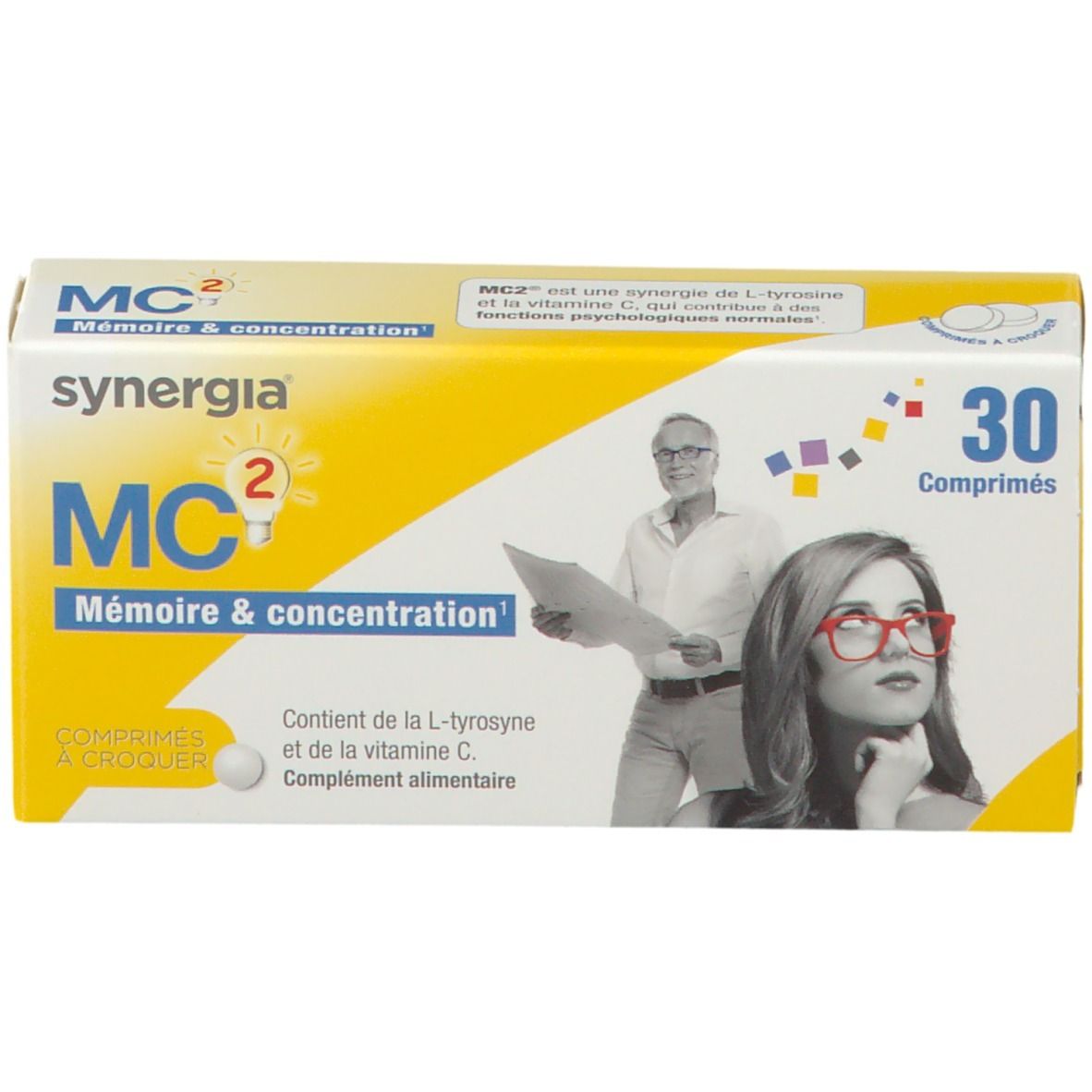 Boîte Synergia® MC2. Jaune et blanche. Inscription : MC2 Mémoire & concentration, 30 comprimés. Illustration : femme à lunettes, homme avec document.