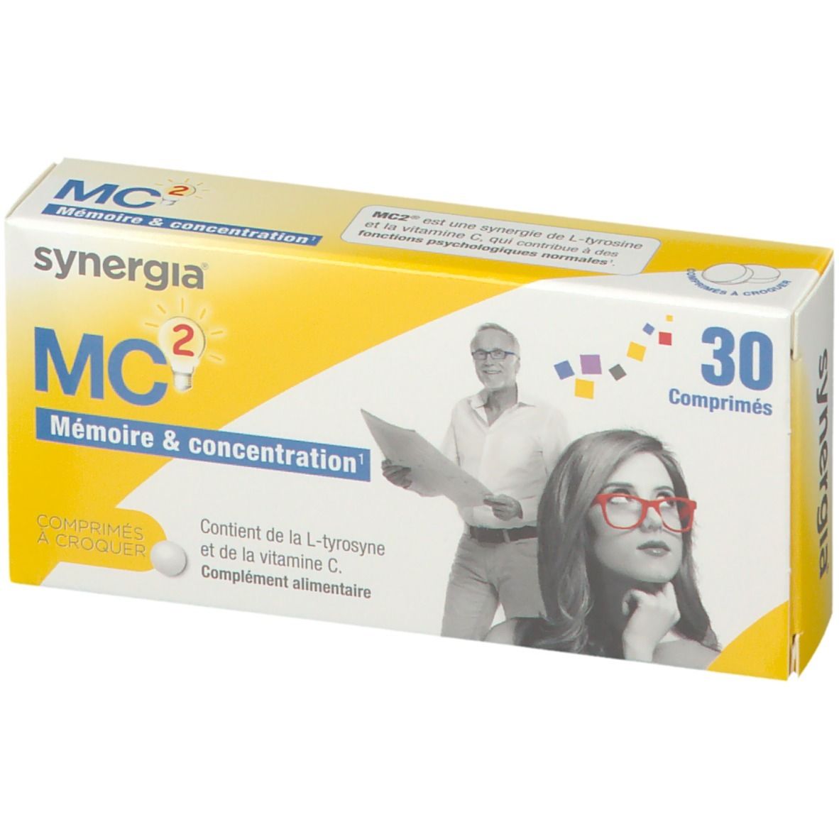 Boîte Synergia® MC2. Jaune et blanche. Inscription : MC2 Mémoire & concentration, 30 comprimés. Illustration : femme à lunettes, homme avec document.
