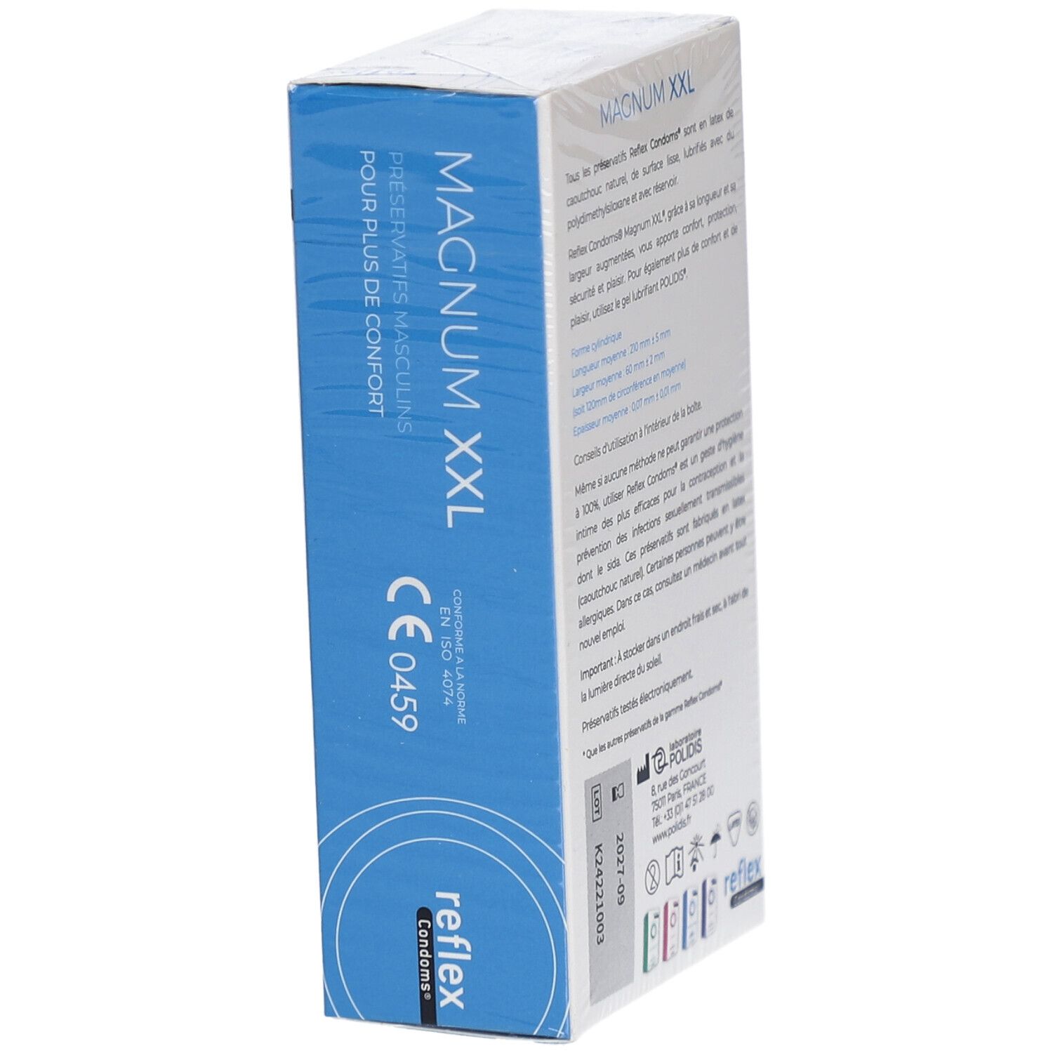 Schrägansicht der Verpackung von Reflex Magnum XXL Kondomen. Blaue Seite mit Produktnamen und Logo.