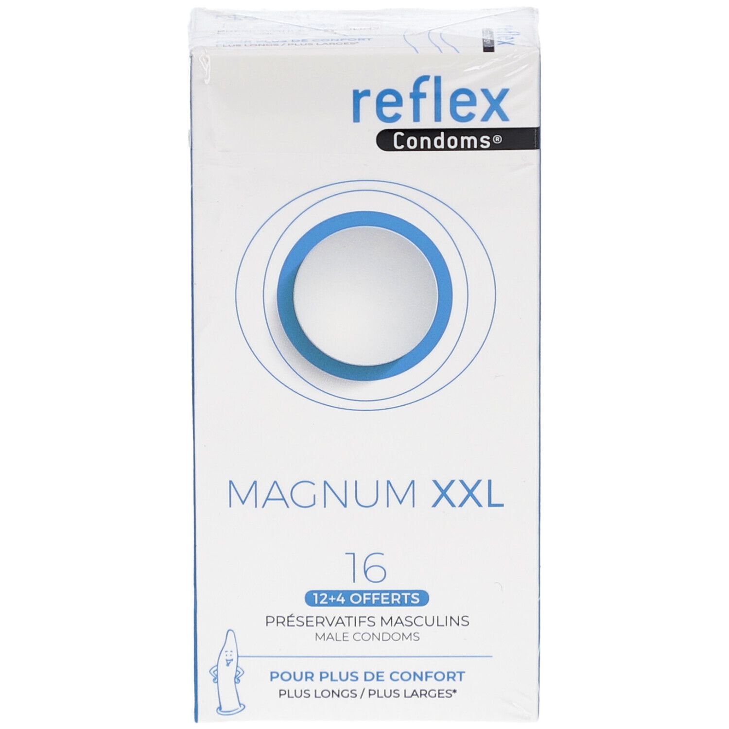 Vorderansicht der Verpackung von Reflex Magnum XXL Kondomen. 16 Stück. Produktname und Logo.