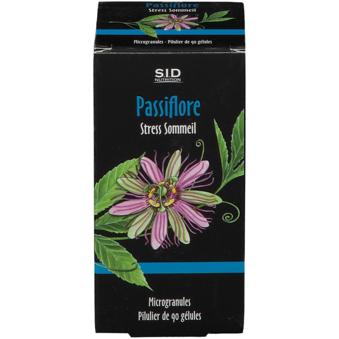 Emballage du produit. Inscription: Passiflore Stress Sommeil. 90 gélules.