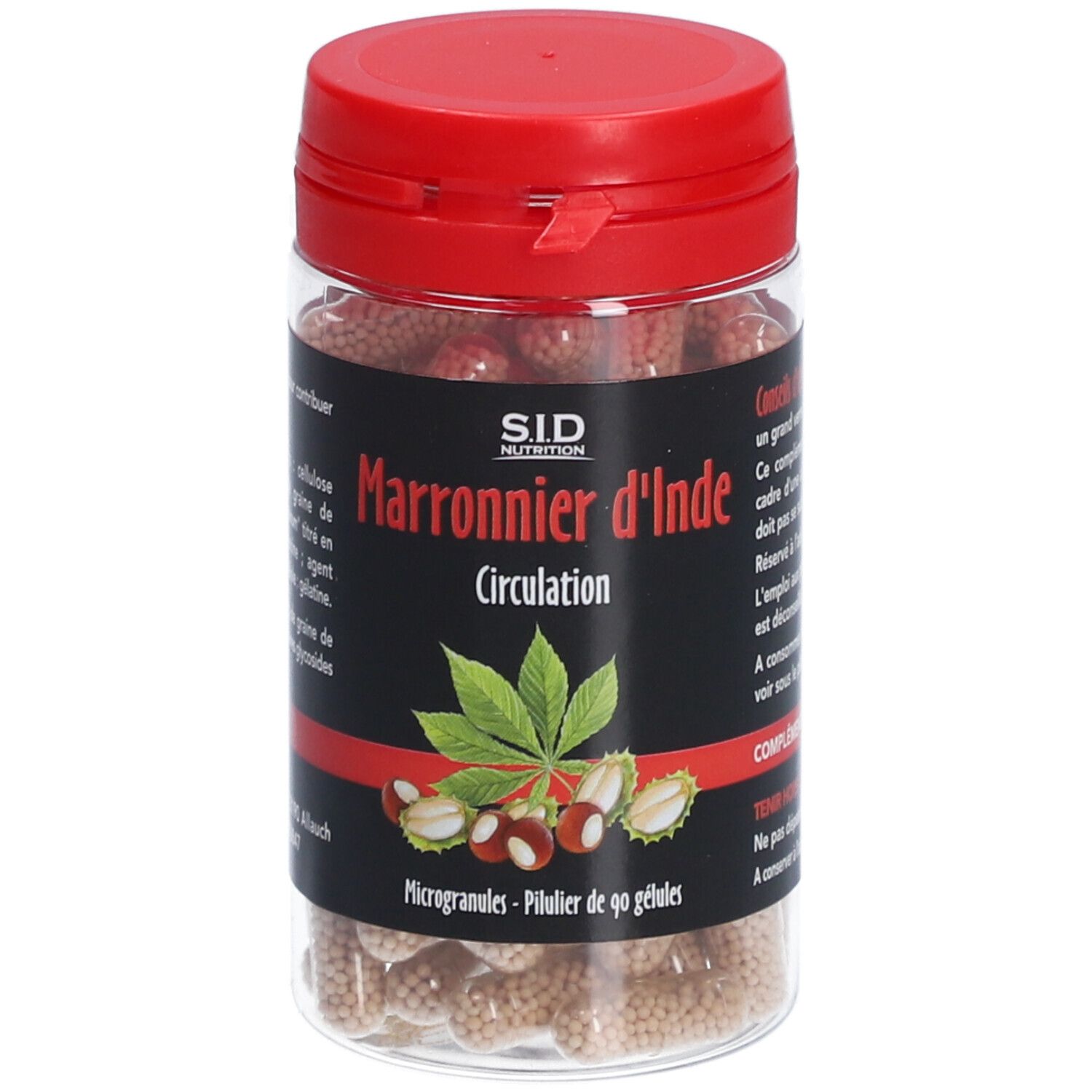 Flacon transparent, bouchon rouge. Contient des gélules. Inscription: Marronnier d'Inde Circulation. SID Nutrition.