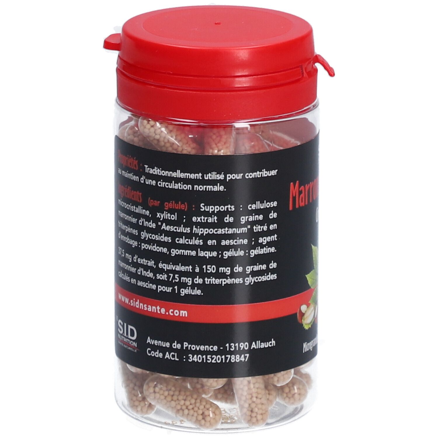Flacon transparent, bouchon rouge. Contient des gélules. Inscription: Marronnier d'Inde Circulation. SID Nutrition. Liste des ingrédients.