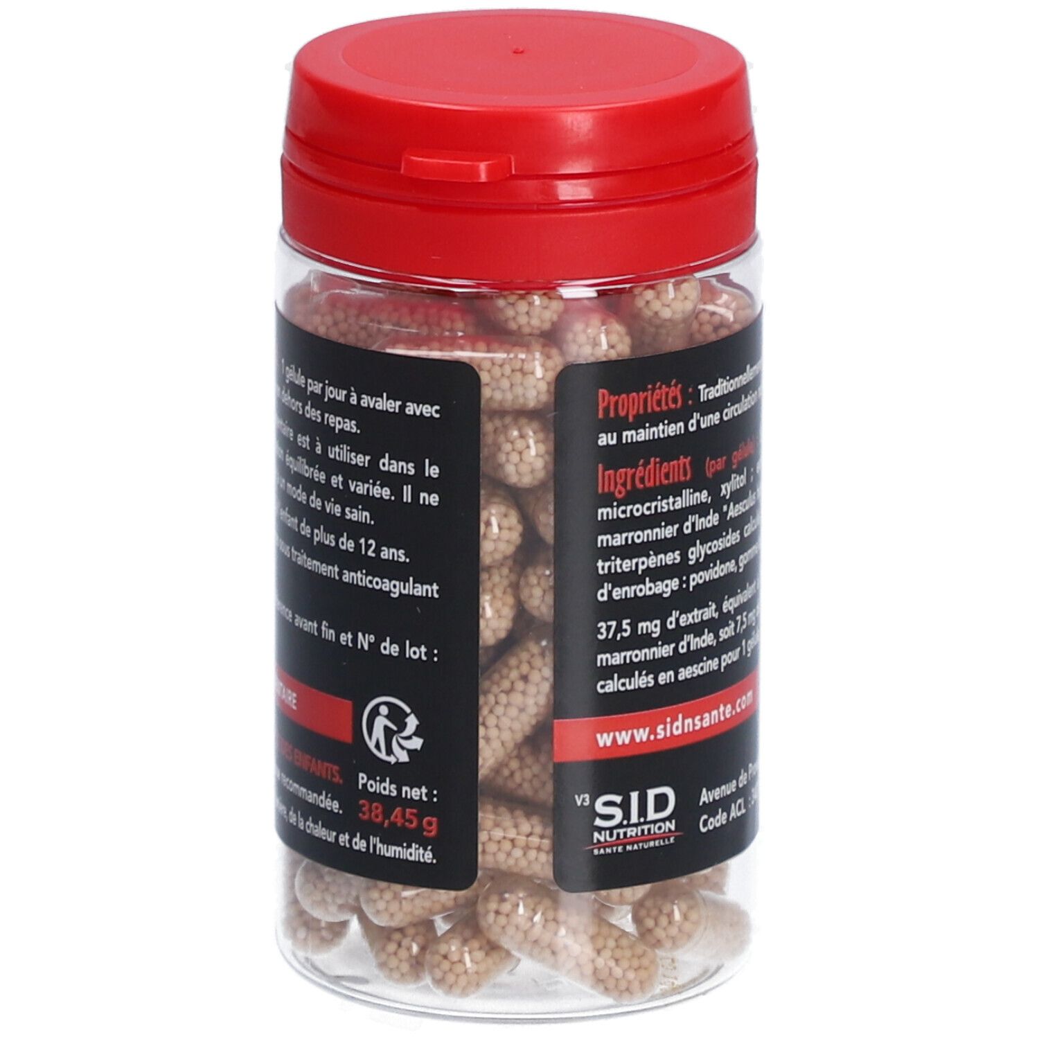 Flacon transparent, bouchon rouge. Contient des gélules. Inscription: Marronnier d'Inde Circulation. SID Nutrition. Conseils d'utilisation.