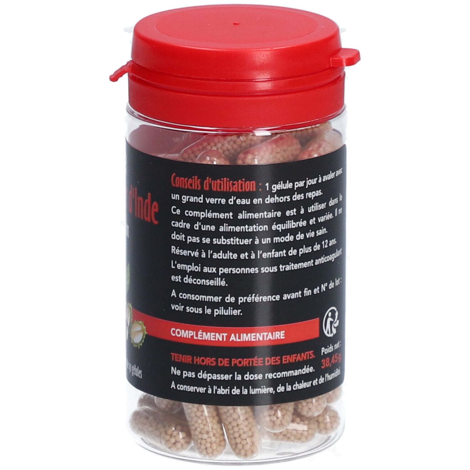 Flacon transparent, bouchon rouge. Contient des gélules. Inscription: Marronnier d'Inde Circulation. SID Nutrition. Conseils d'utilisation.
