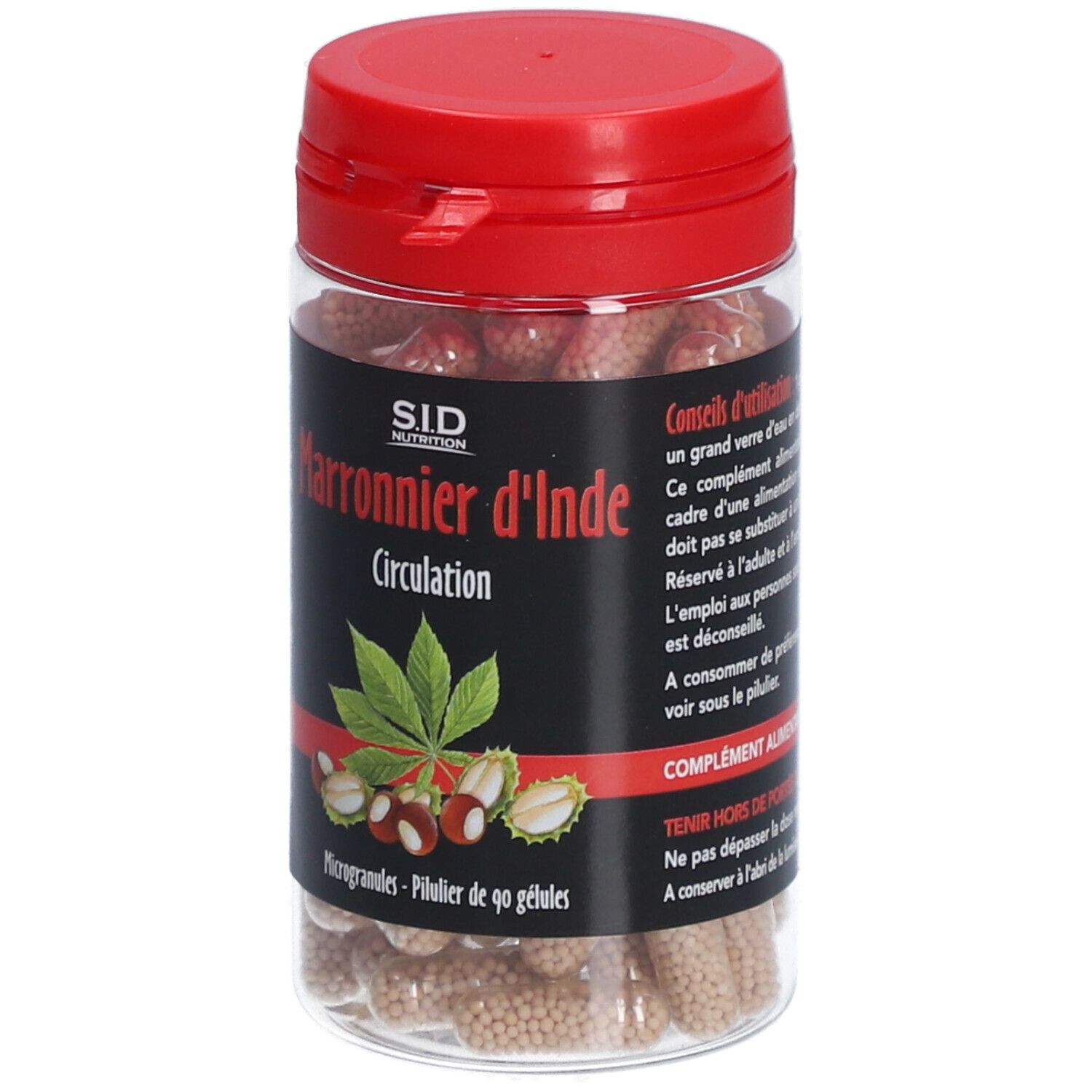 Flacon transparent, bouchon rouge. Contient des gélules. Inscription: Marronnier d'Inde Circulation. SID Nutrition.