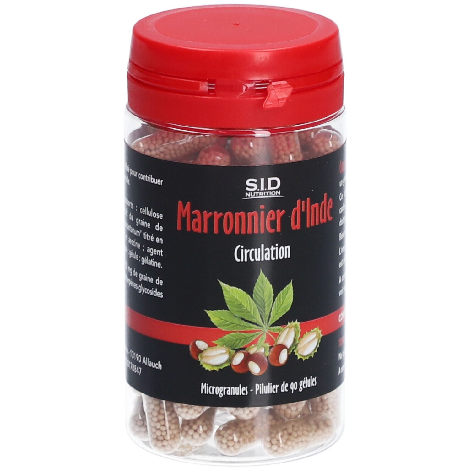 Flacon transparent, bouchon rouge. Contient des gélules. Inscription: Marronnier d'Inde Circulation. SID Nutrition.