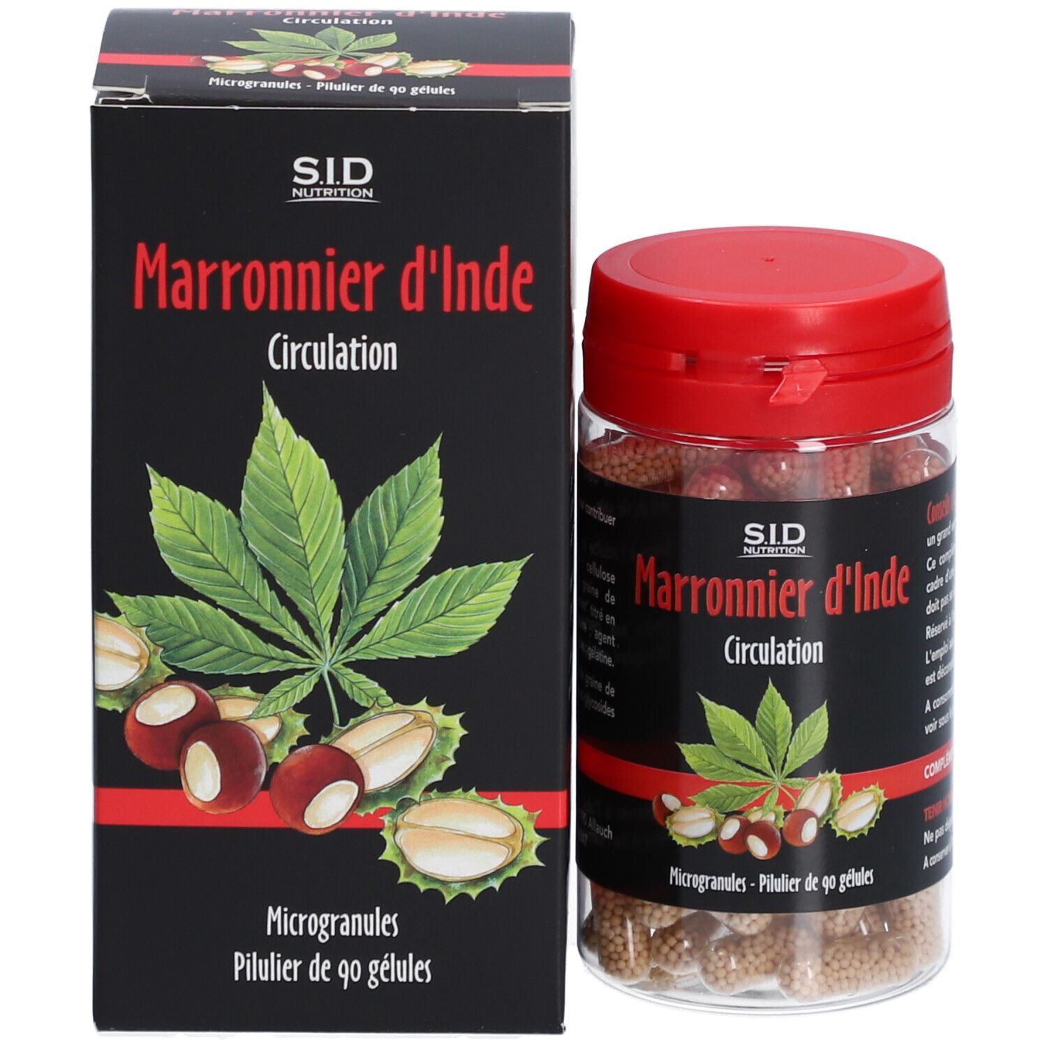Emballage produit: boîte et flacon. Inscription: Marronnier d'Inde Circulation. SID Nutrition. 90 gélules.